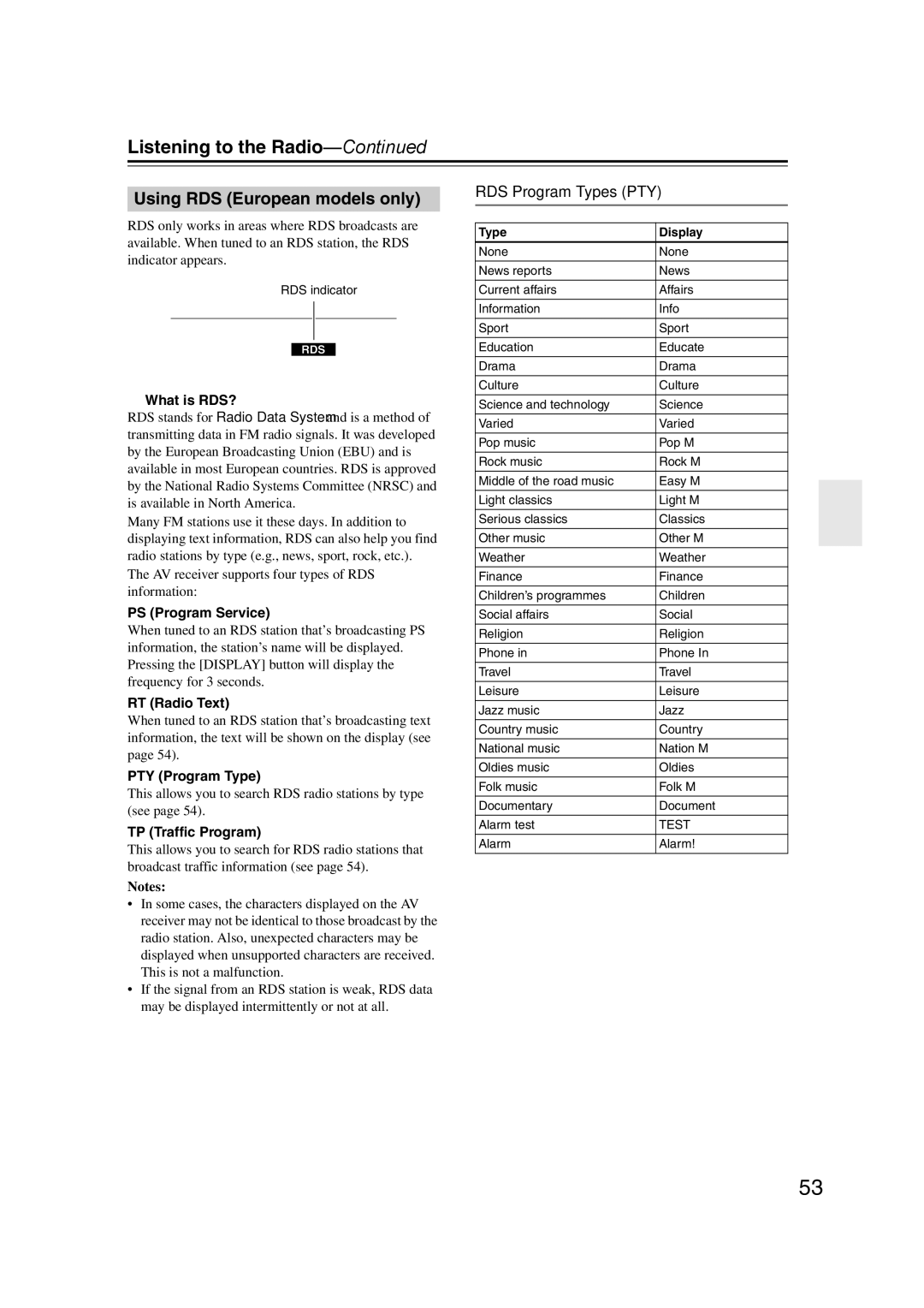 Onkyo SR507, TX-SR577 instruction manual Using RDS European models only, RDS Program Types PTY 