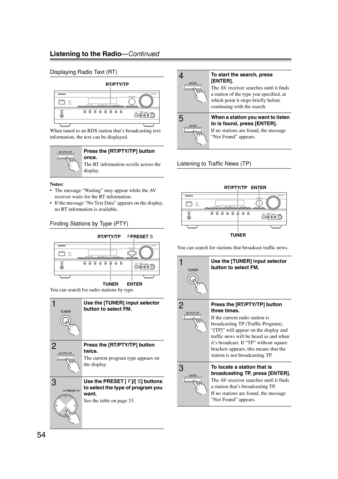 Onkyo TX-SR577, SR507 Displaying Radio Text RT, Finding Stations by Type PTY, Listening to Traffic News TP 