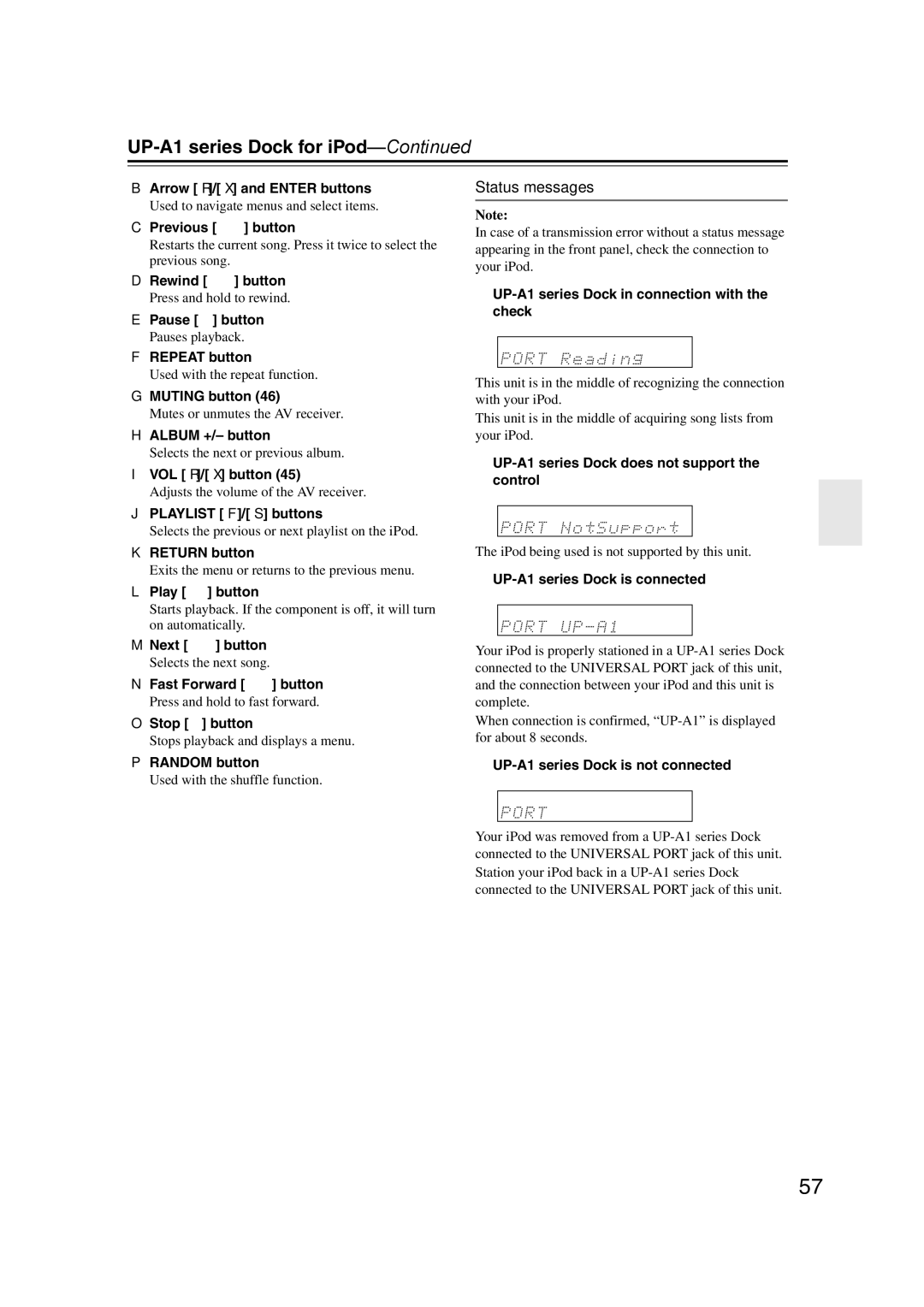 Onkyo SR507, TX-SR577 instruction manual Status messages 