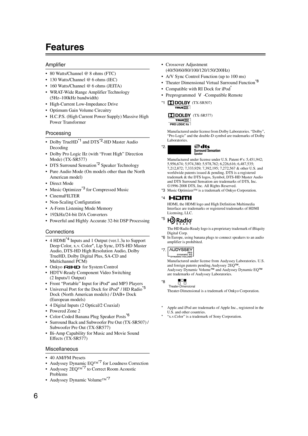 Onkyo TX-SR577, SR507 instruction manual Features, Amplifier, Processing, Connections, Miscellaneous 