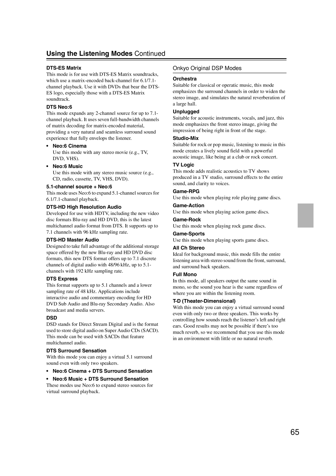 Onkyo SR507, TX-SR577 instruction manual Onkyo Original DSP Modes 