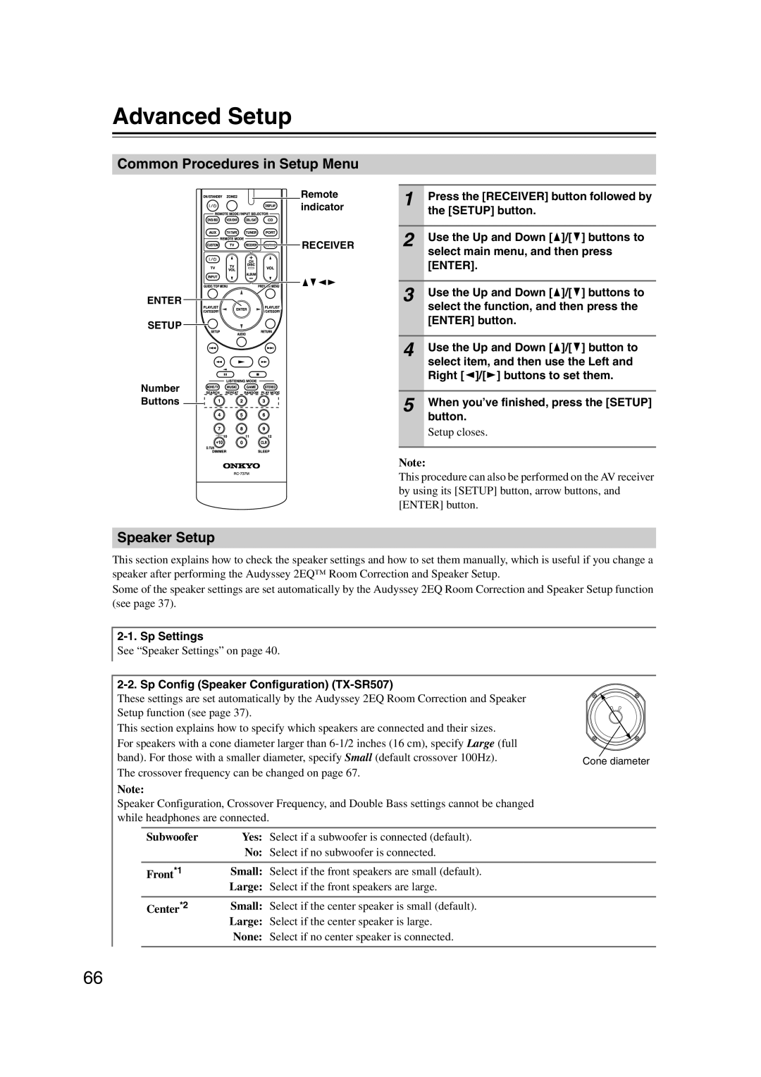 Onkyo TX-SR577, SR507 instruction manual Advanced Setup, Common Procedures in Setup Menu, Speaker Setup 