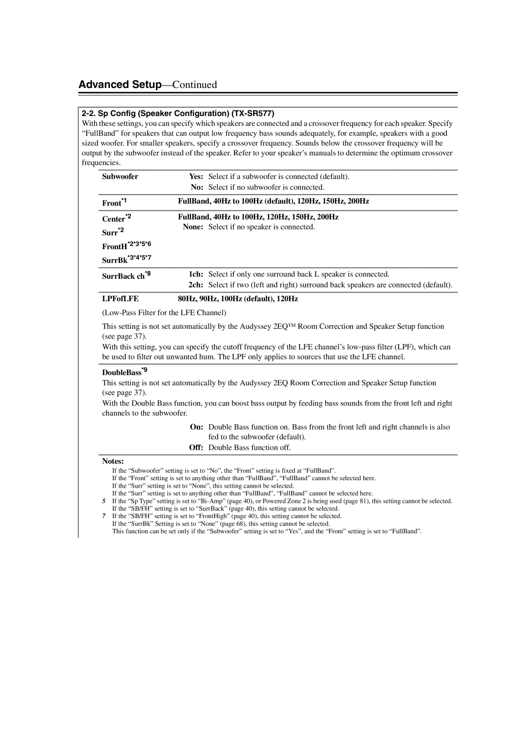 Onkyo SR507 instruction manual Sp Config Speaker Configuration TX-SR577, DoubleBass*9 