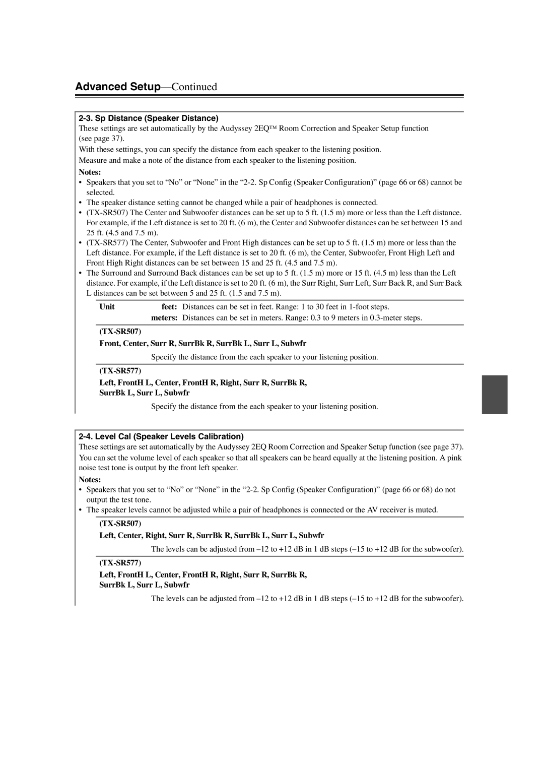 Onkyo SR507, TX-SR577 Sp Distance Speaker Distance, Unit Feet, Meters, Level Cal Speaker Levels Calibration 