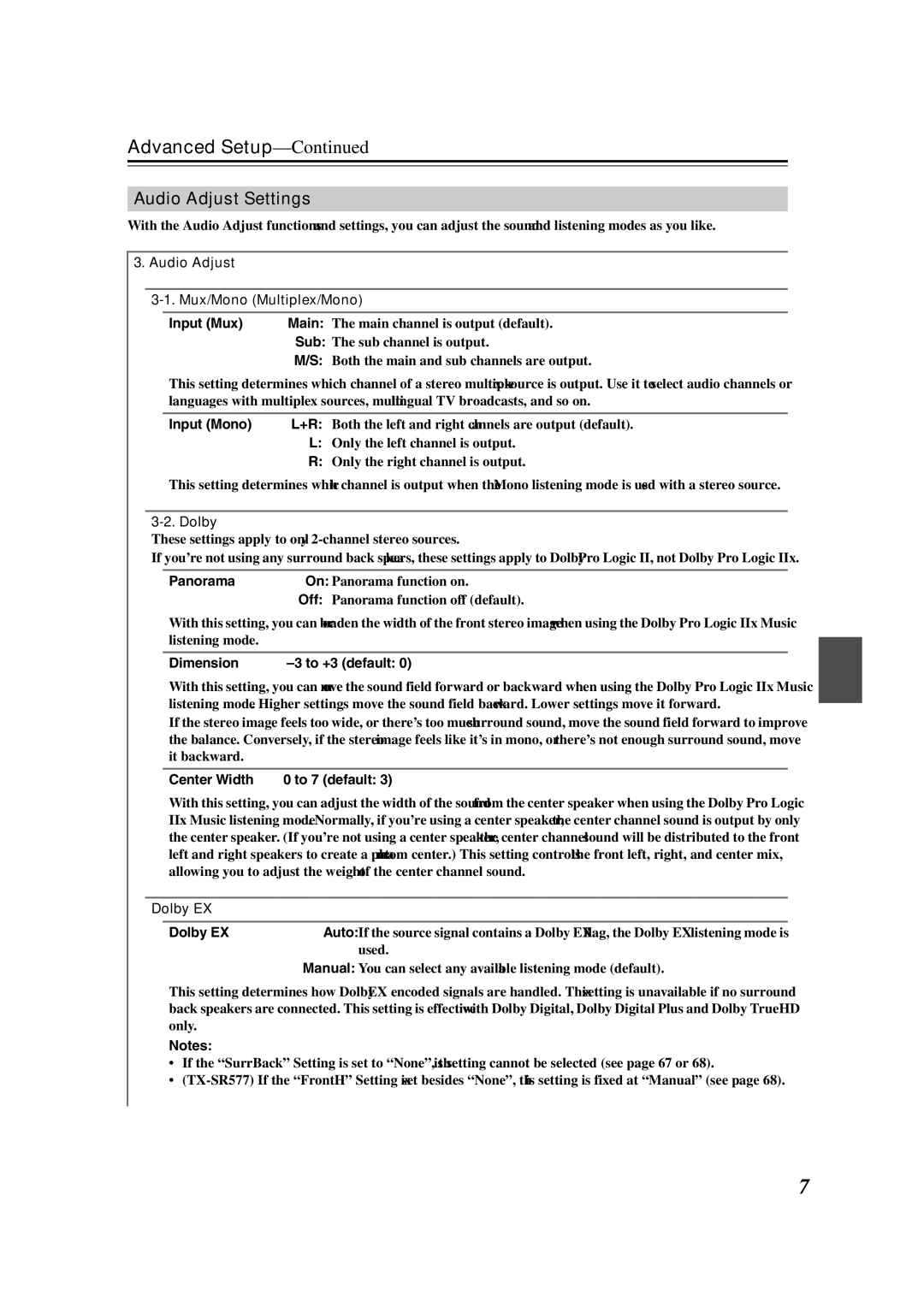 Onkyo SR507, TX-SR577 instruction manual Audio Adjust Settings, Audio Adjust Mux/Mono Multiplex/Mono, Dolby EX 