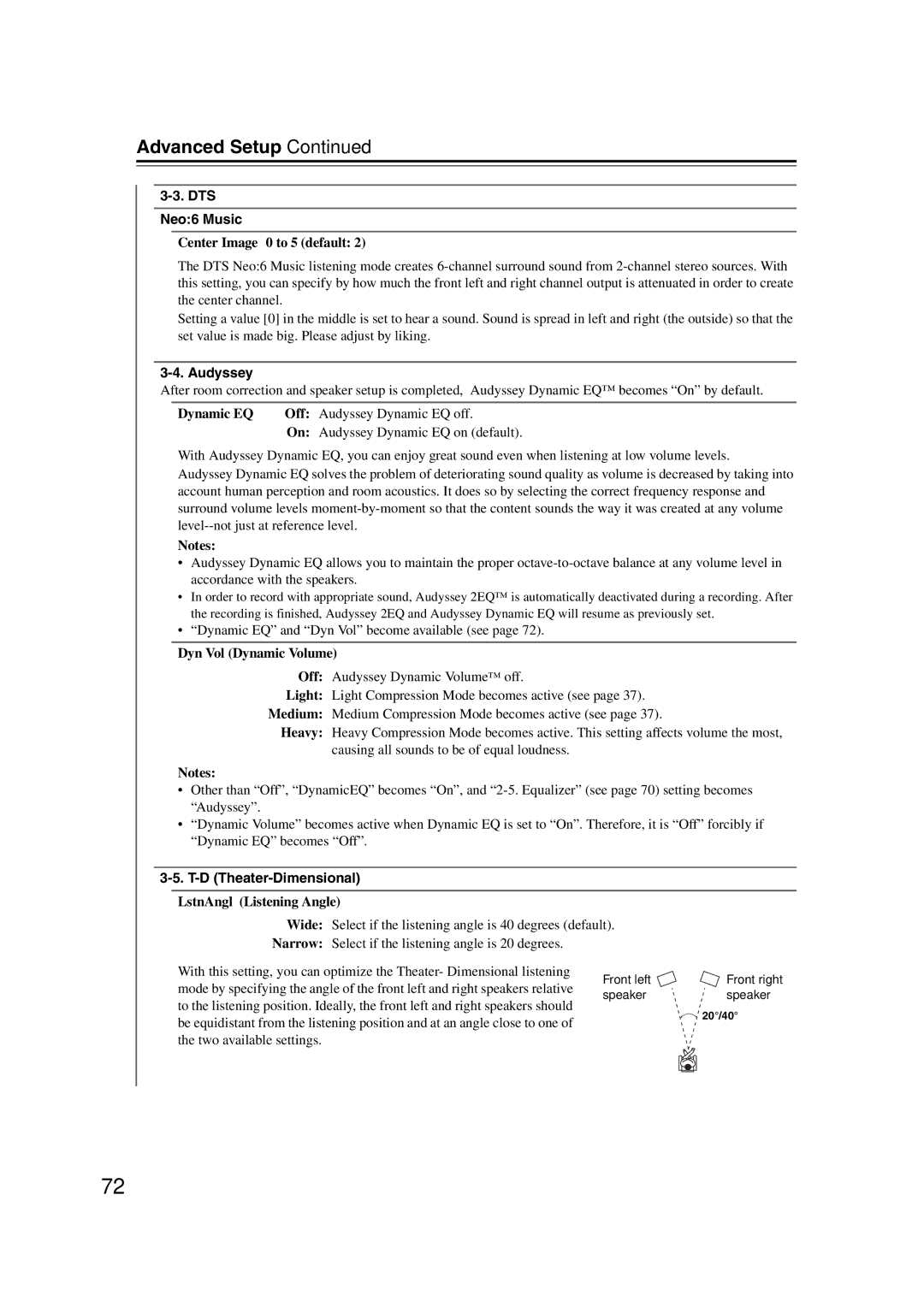 Onkyo TX-SR577, SR507 instruction manual DTS Neo6 Music, Audyssey, D Theater-Dimensional 