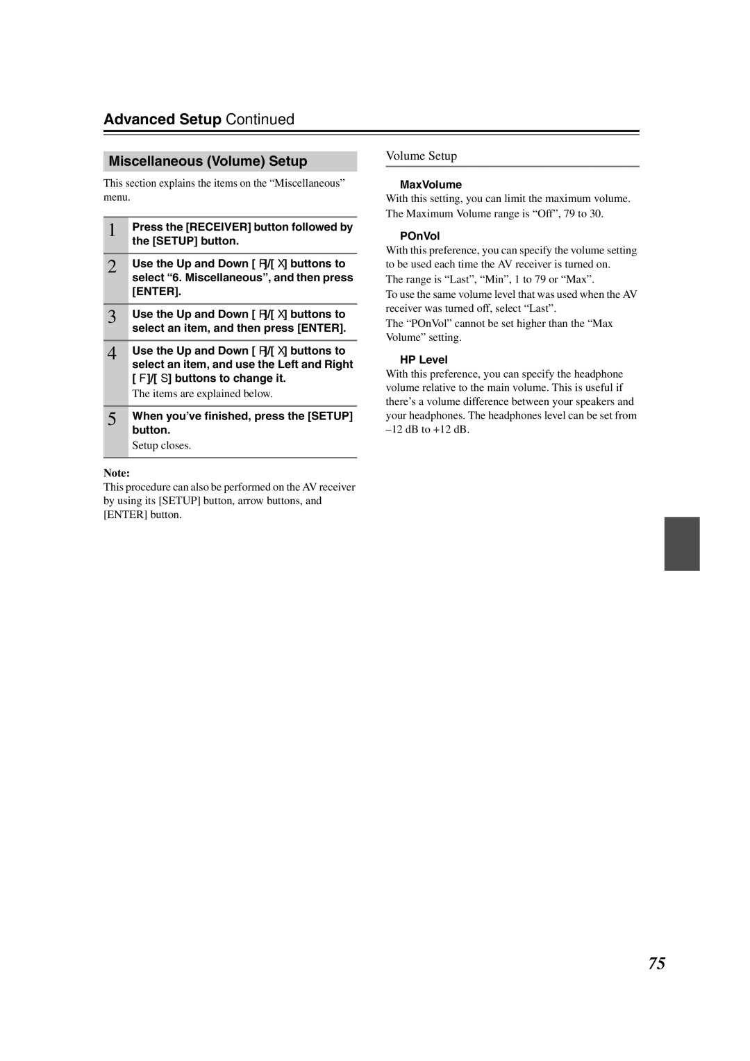 Onkyo SR507, TX-SR577 instruction manual Miscellaneous Volume Setup 