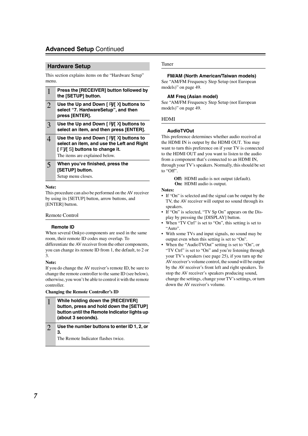 Onkyo TX-SR577, SR507 instruction manual Hardware Setup, Remote Control, Tuner 