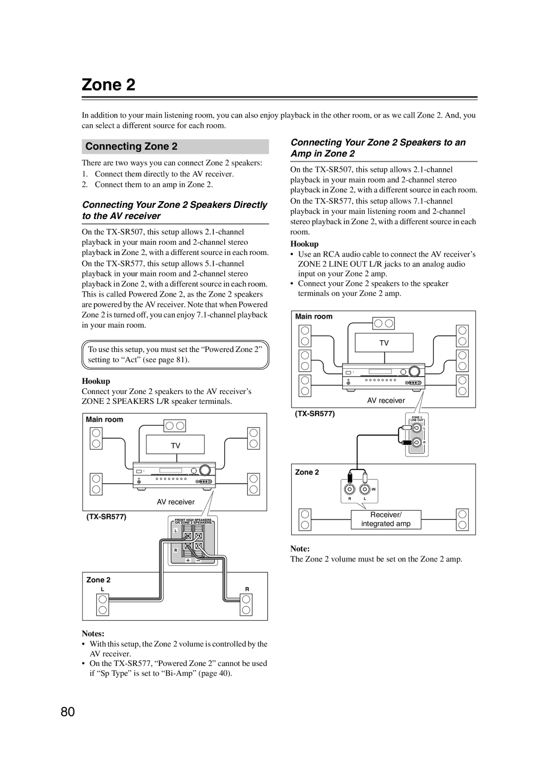 Onkyo TX-SR577, SR507 Connecting Zone, Connecting Your Zone 2 Speakers Directly to the AV receiver, Hookup 