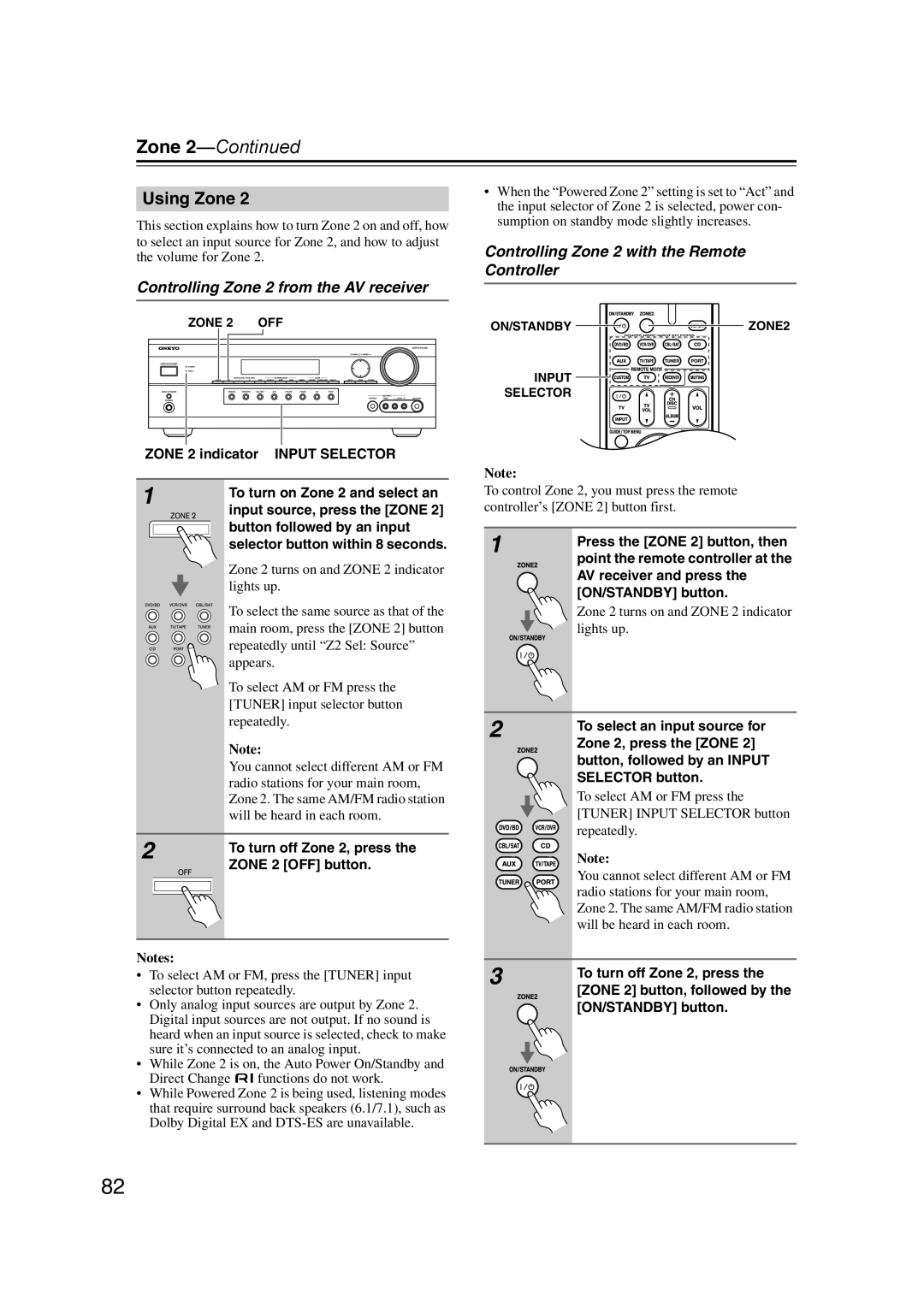 Onkyo TX-SR577, SR507 Using Zone, Controlling Zone 2 from the AV receiver, Controlling Zone 2 with the Remote Controller 