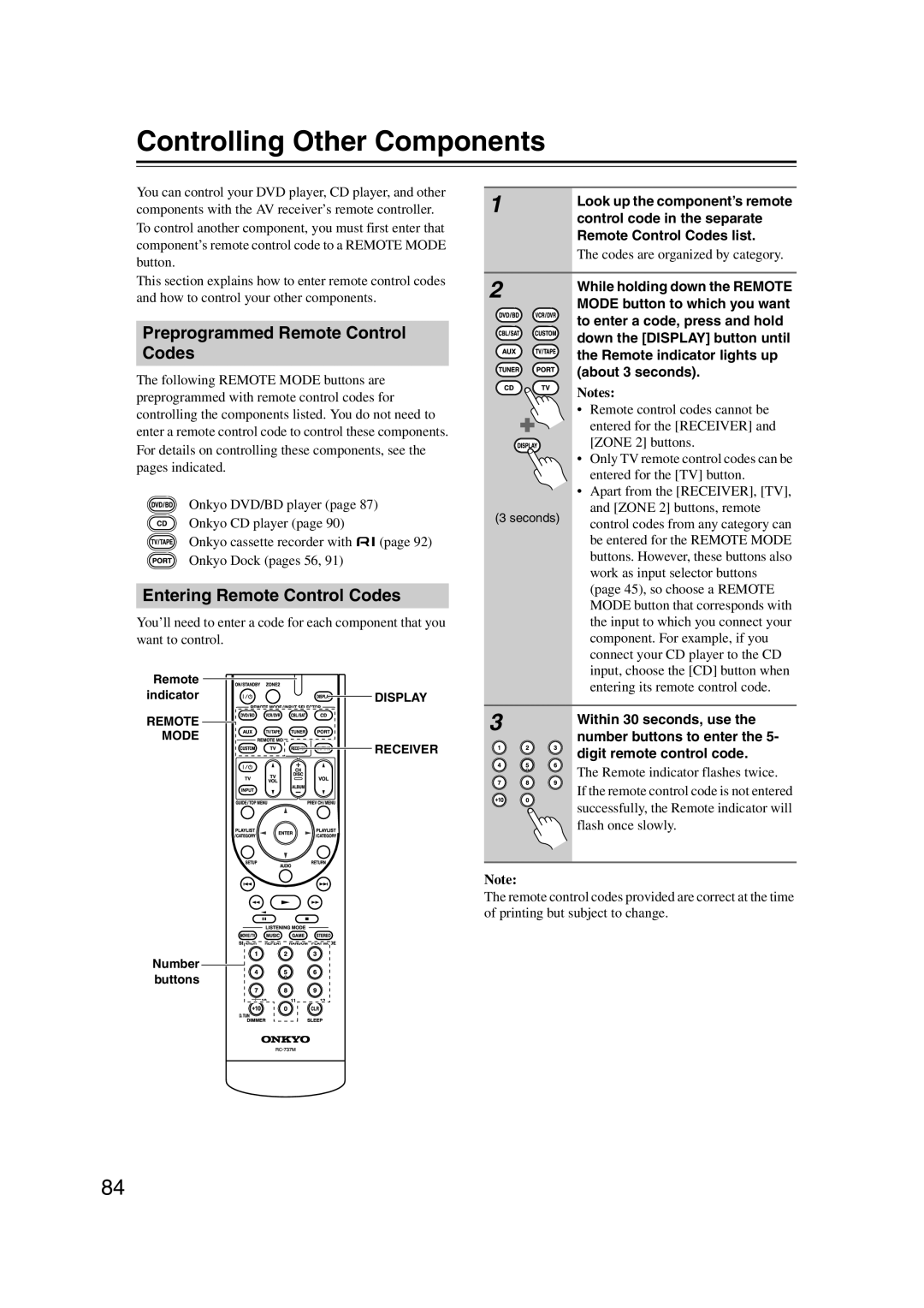 Onkyo TX-SR577, SR507 Controlling Other Components, Preprogrammed Remote Control Codes, Entering Remote Control Codes 