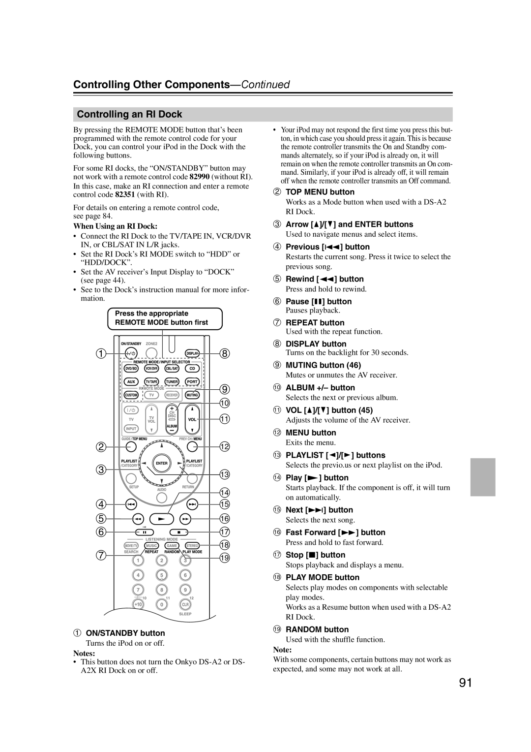 Onkyo SR507, TX-SR577 instruction manual Controlling an RI Dock, When Using an RI Dock 