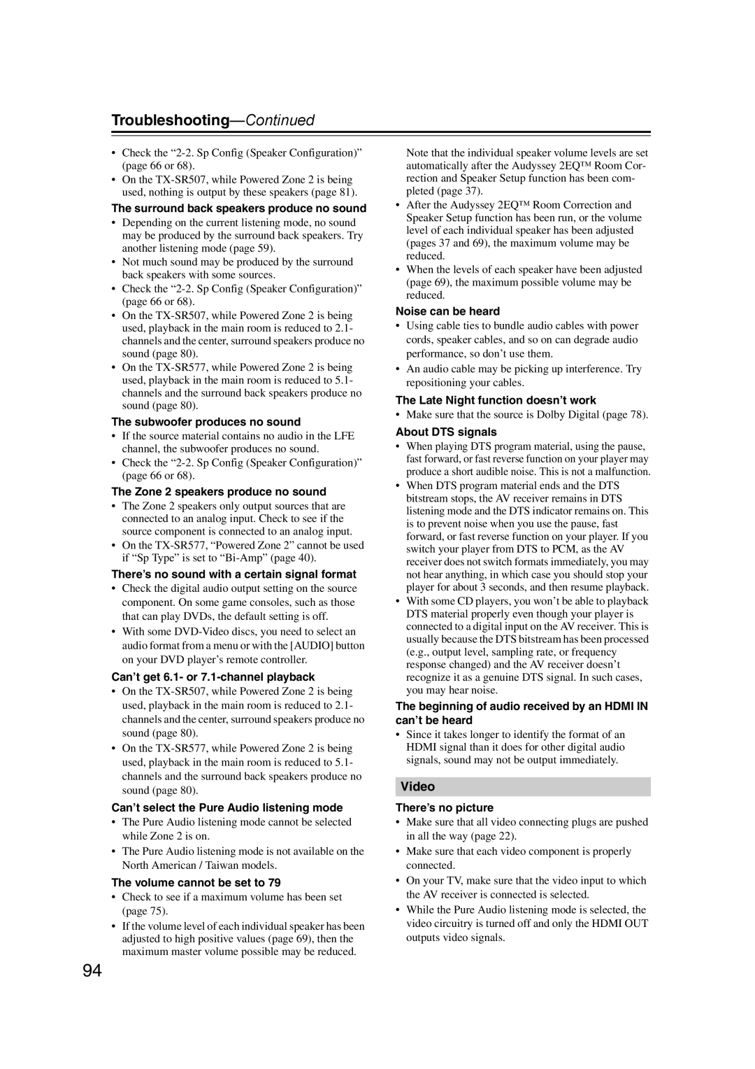 Onkyo TX-SR577, SR507 instruction manual Troubleshooting 