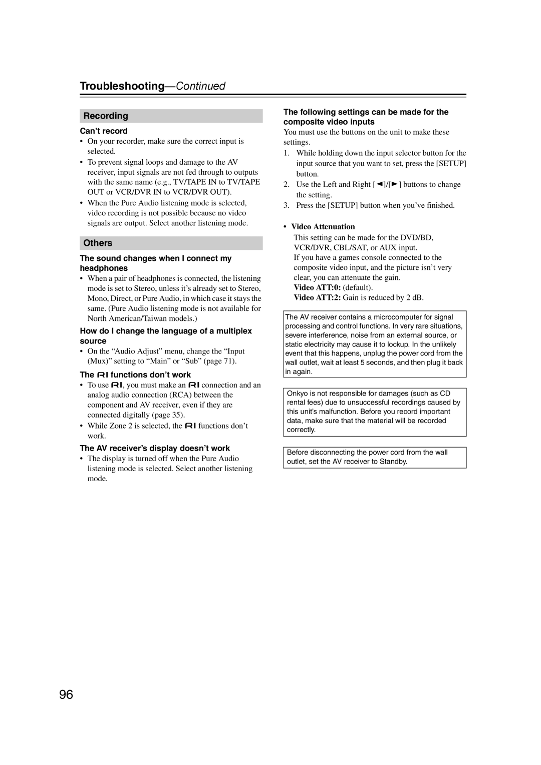 Onkyo TX-SR577, SR507 instruction manual Can’t record, Sound changes when I connect my headphones, U functions don’t work 