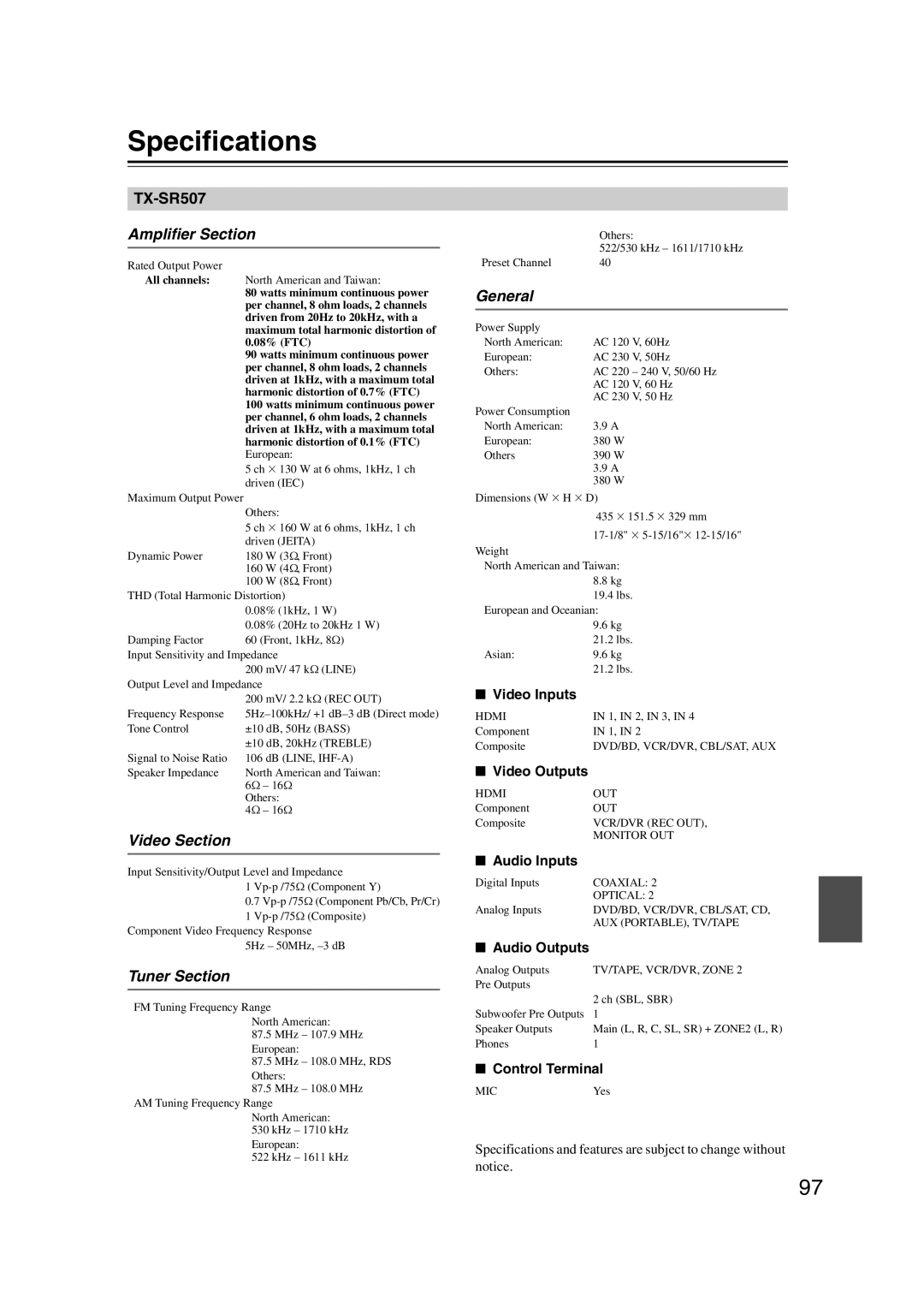 Onkyo SR507, TX-SR577 instruction manual Specifications, Amplifier Section, Video Section, Tuner Section, General 