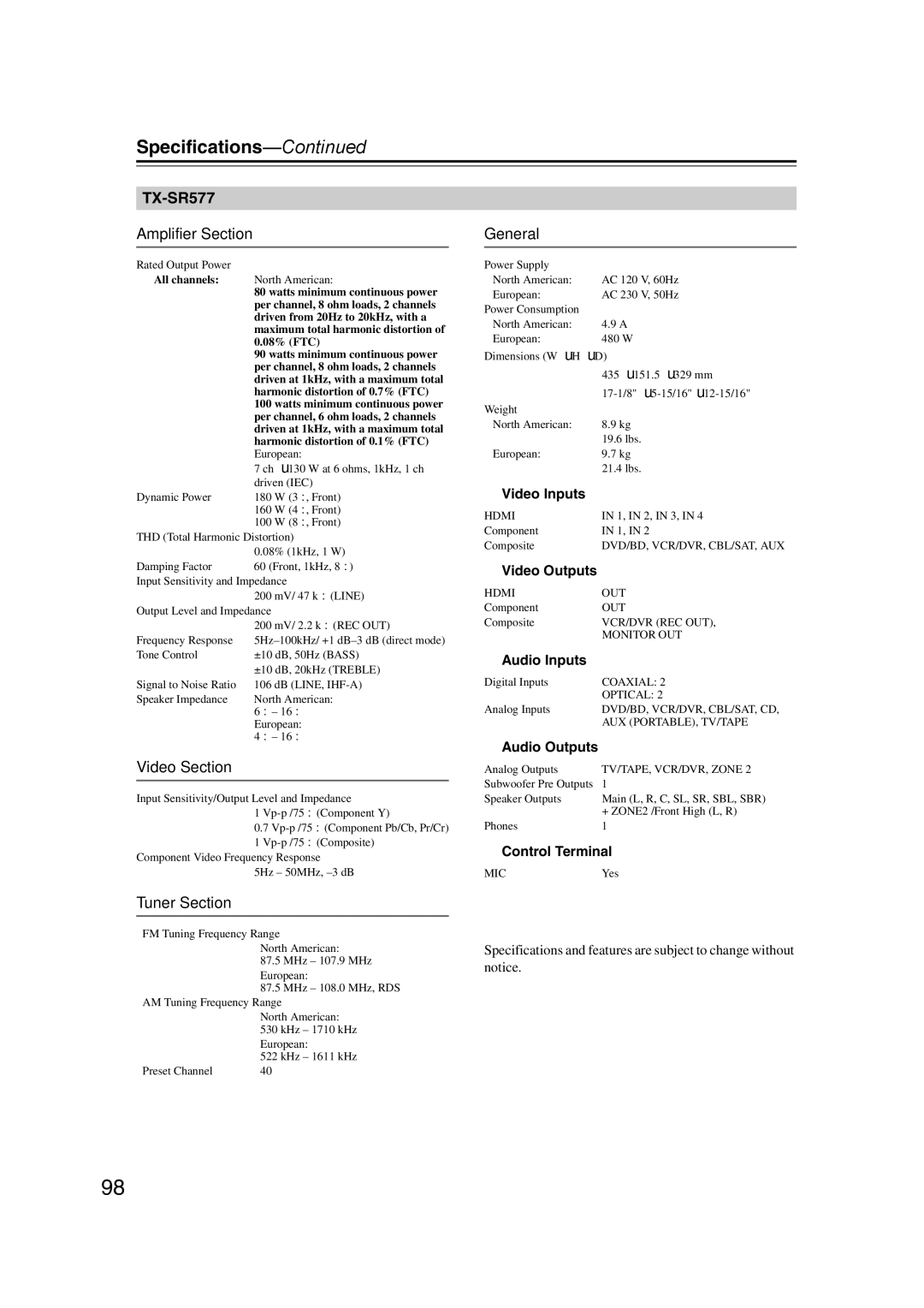 Onkyo TX-SR577, SR507 instruction manual Specifications, Harmonic distortion of 0.1% FTC 