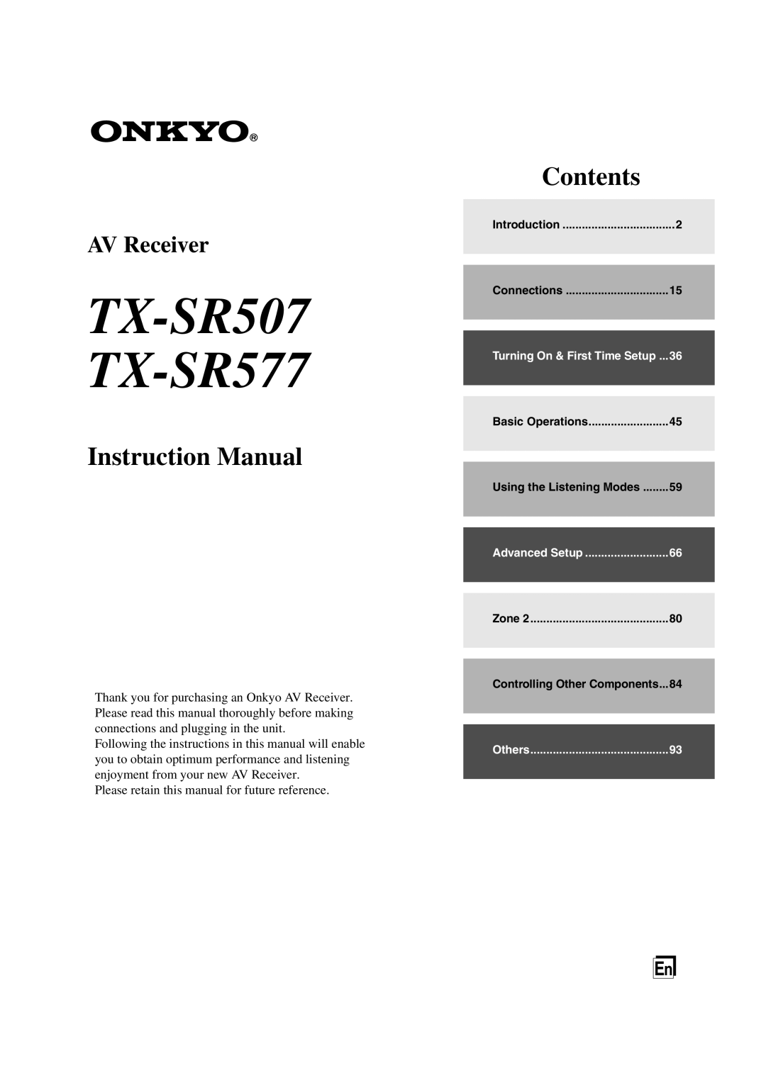 Onkyo instruction manual TX-SR507 TX-SR577, Instruction Manual, Contents, AV Receiver 
