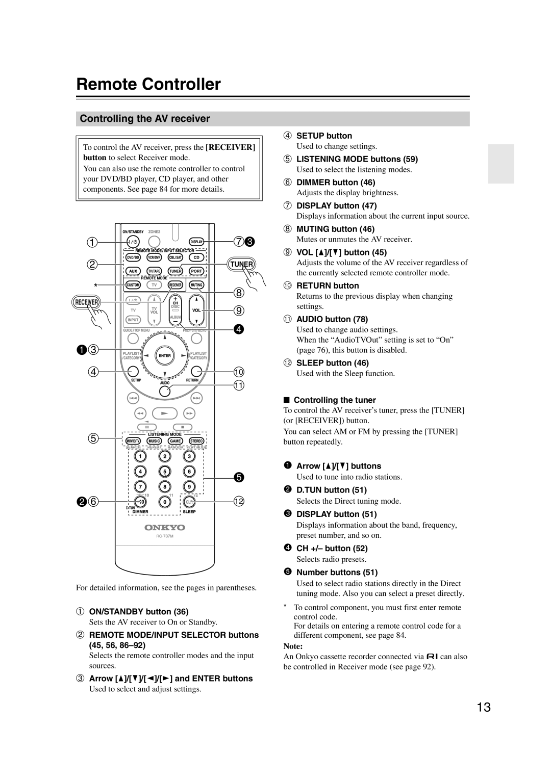 Onkyo SR507, TX-SR577 instruction manual Remote Controller, Controlling the AV receiver, 4 1c 