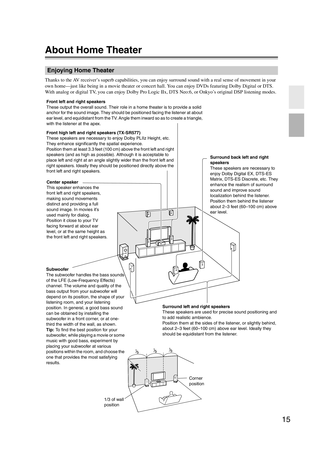 Onkyo SR507, TX-SR577 instruction manual About Home Theater, Enjoying Home Theater 