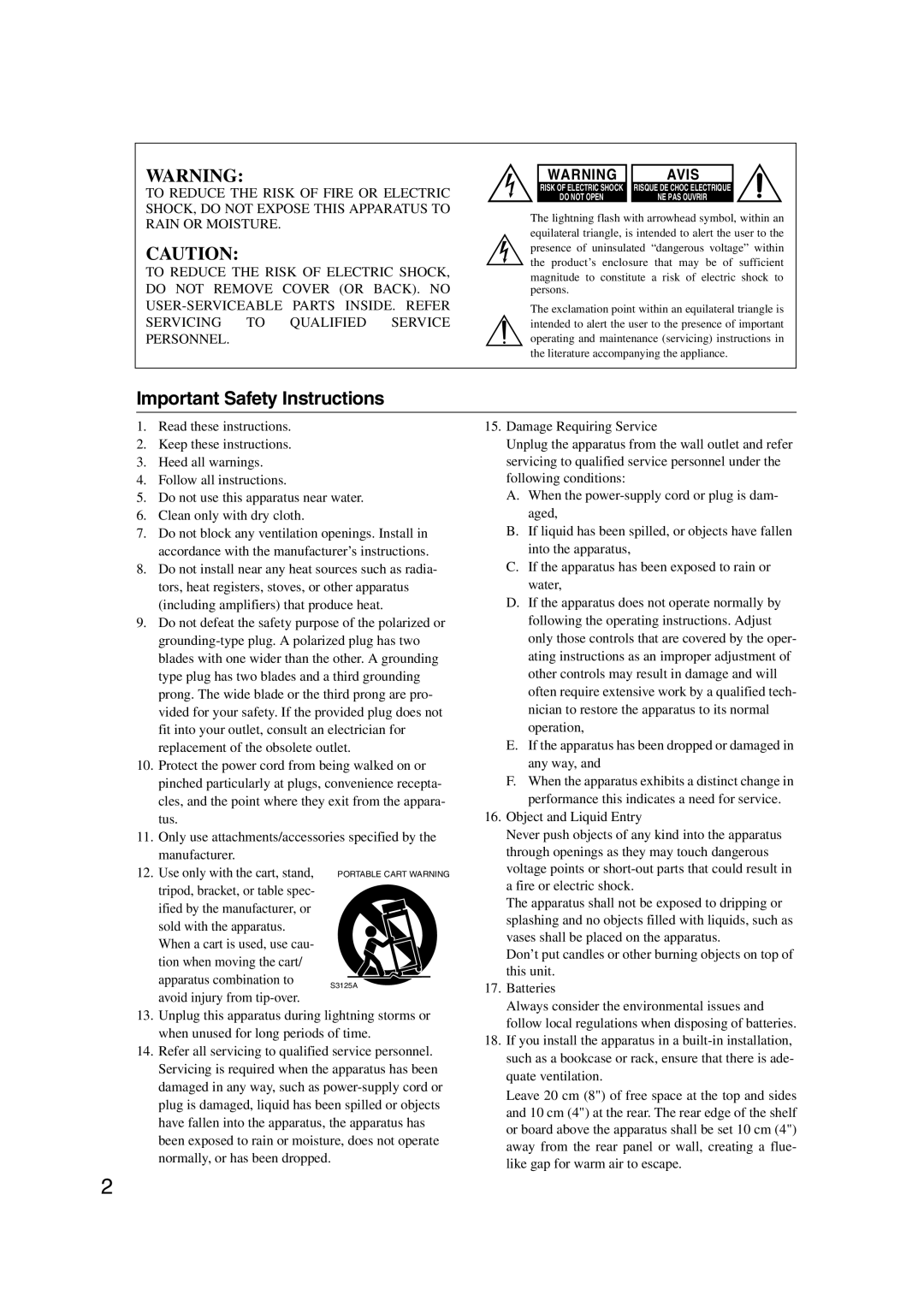 Onkyo TX-SR577, SR507 instruction manual Important Safety Instructions, Avis 