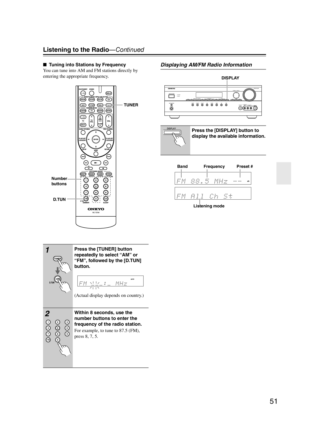 Onkyo SR507, TX-SR577 instruction manual Displaying AM/FM Radio Information, Listening to the Radio—Continued 