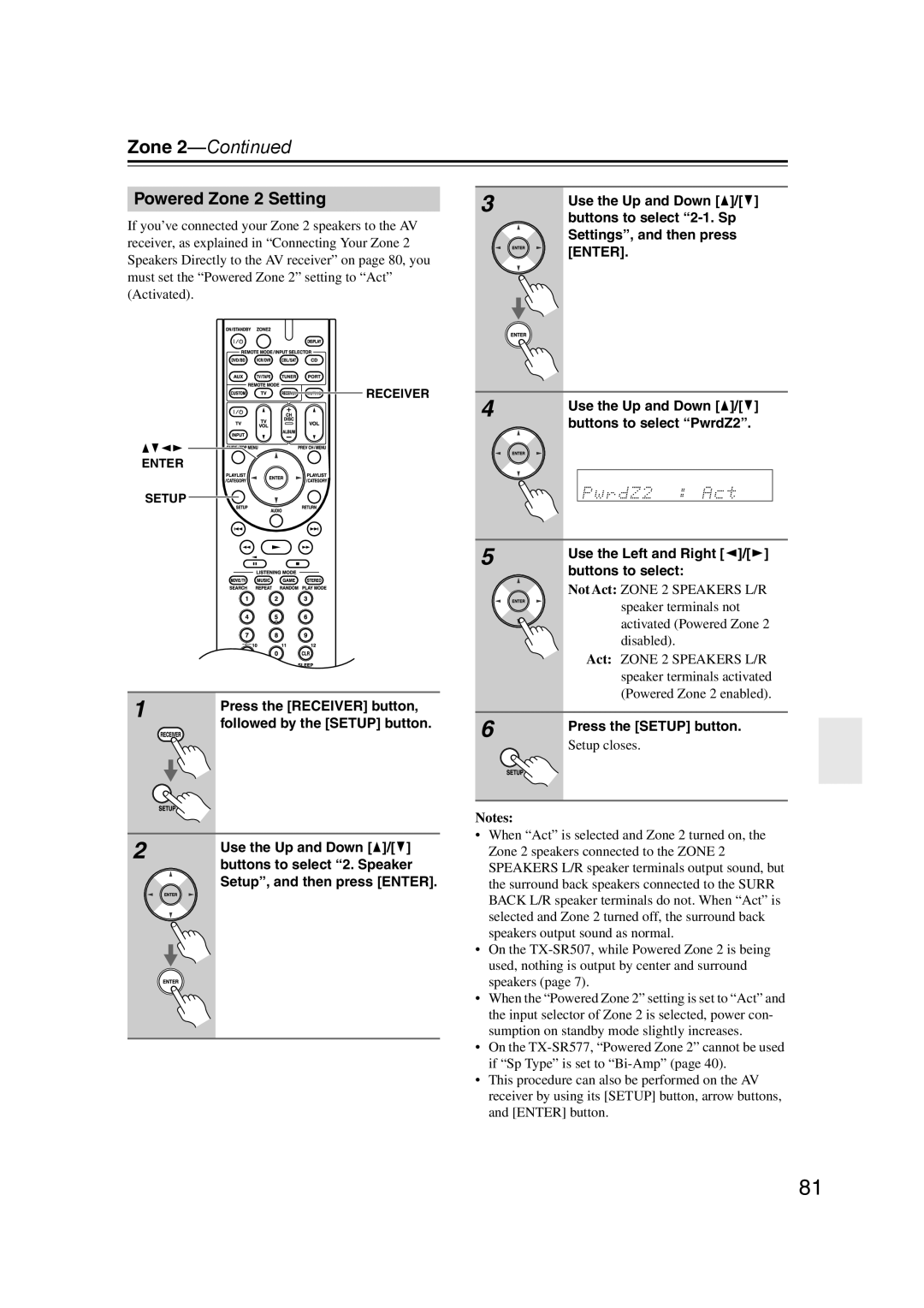 Onkyo SR507, TX-SR577 instruction manual Zone 2-Continued, Powered Zone 2 Setting, Setup closes, Notes 