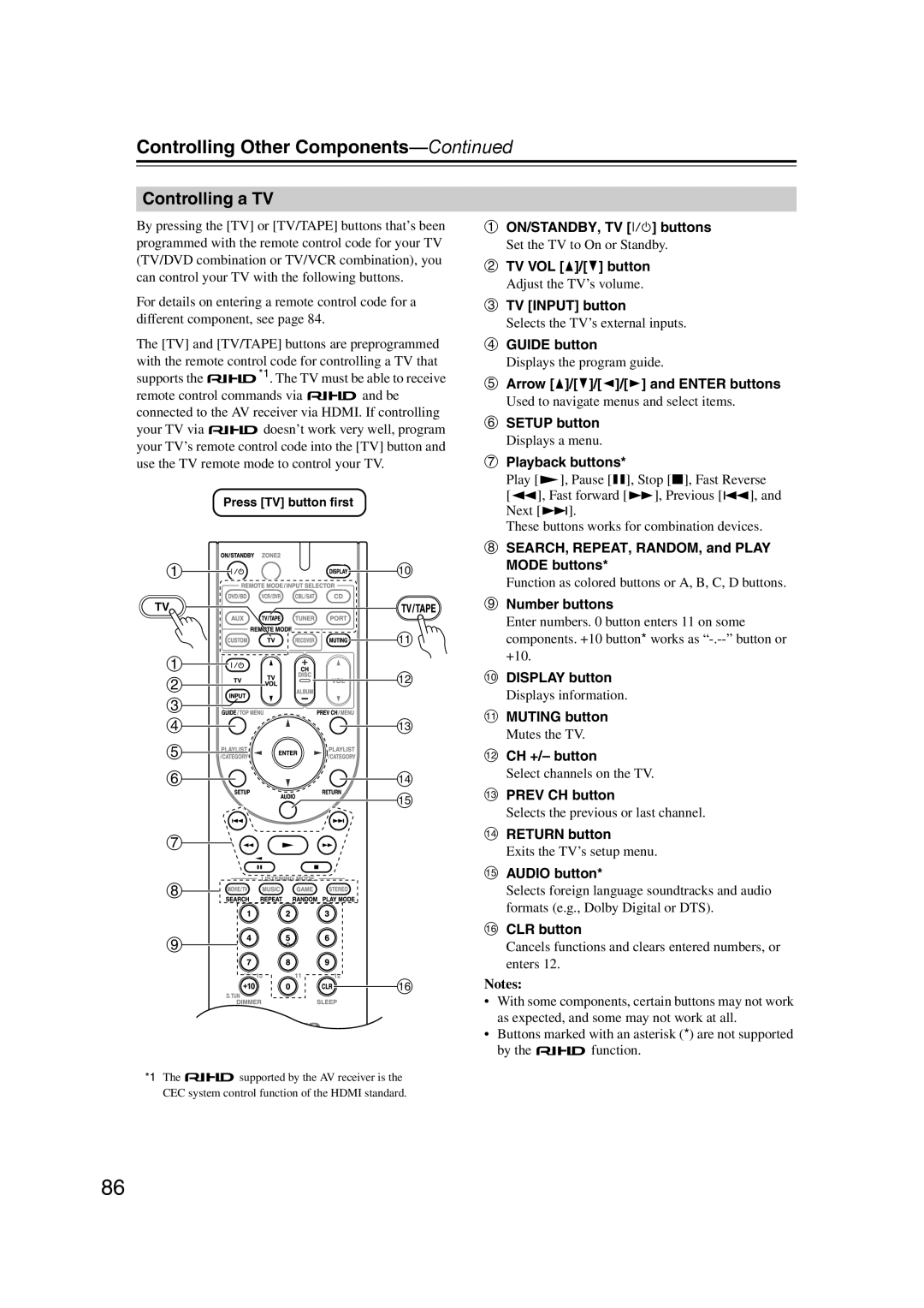 Onkyo TX-SR577, SR507 instruction manual Controlling a TV, Controlling Other Components—Continued 