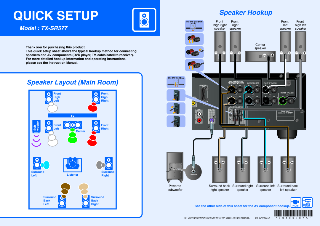 Onkyo instruction manual Quick Setup, Speaker Hookup, Speaker Layout Main Room, Model TX-SR577 