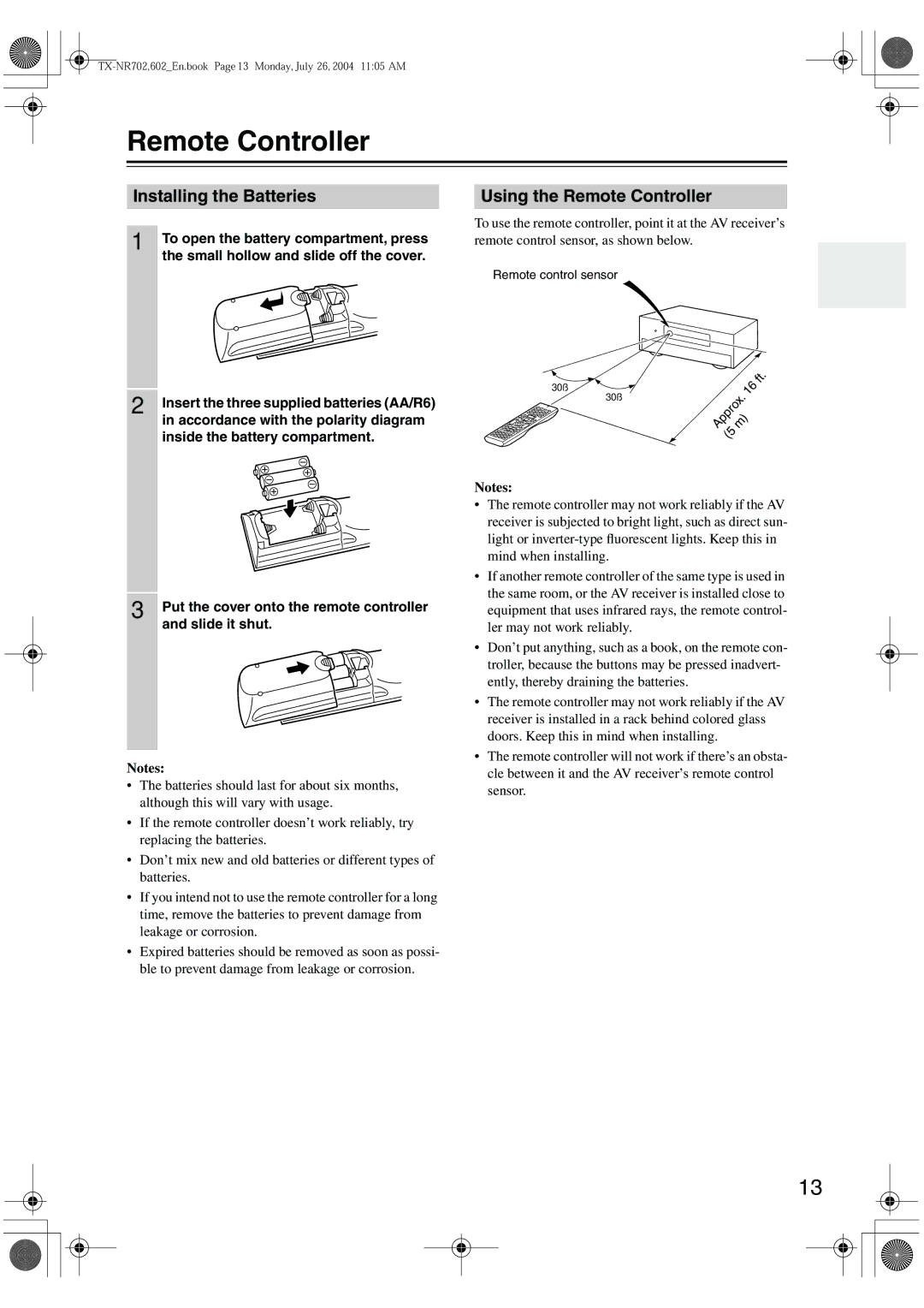 Onkyo TX-SR702/702E, TX-SR602/602E, TX-SR8260 instruction manual Installing the Batteries, Using the Remote Controller 