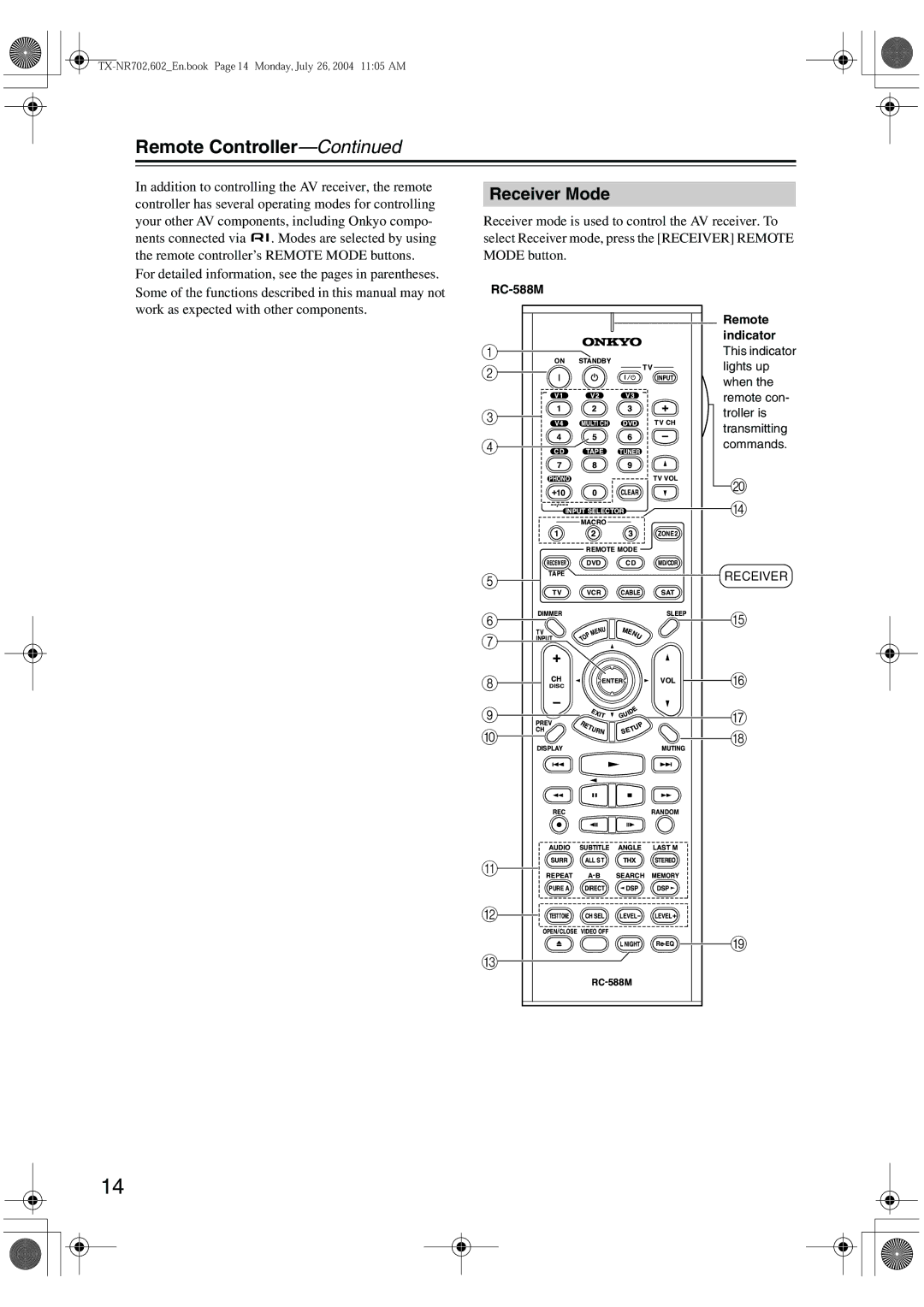 Onkyo TX-SR8260, TX-SR602/602E, TX-SR702/702E instruction manual Remote Controller, Receiver Mode, RC-588M Remote Indicator 