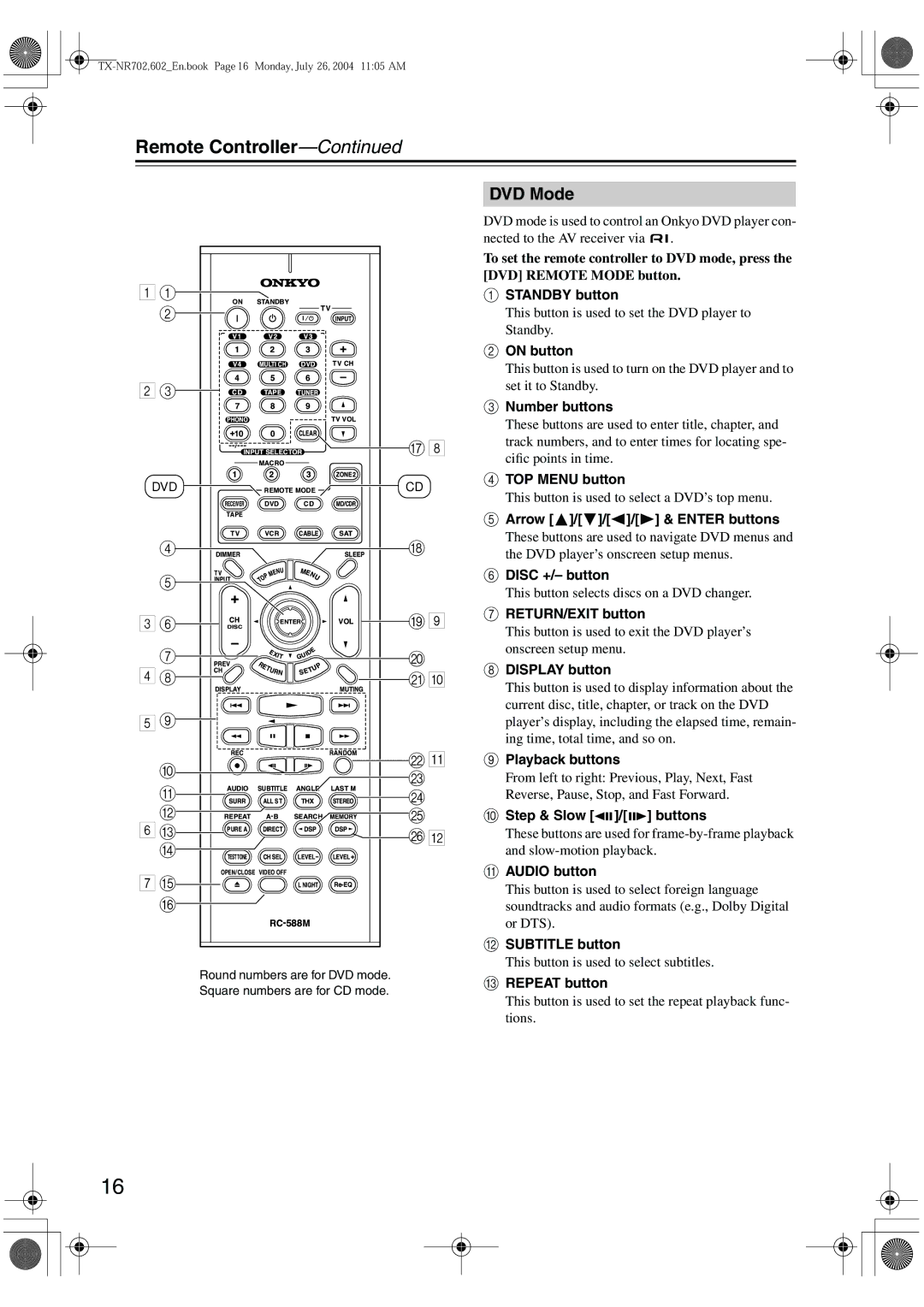 Onkyo TX-SR702/702E, TX-SR602/602E, TX-SR8260 instruction manual Remote Controller DVD Mode 