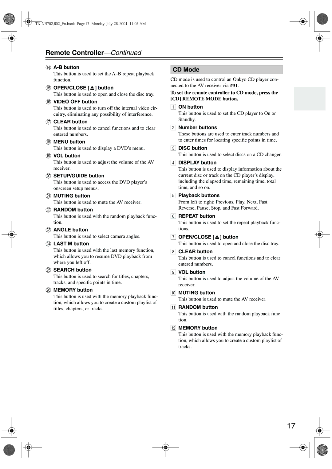 Onkyo TX-SR8260, TX-SR602/602E, TX-SR702/702E instruction manual CD Mode 