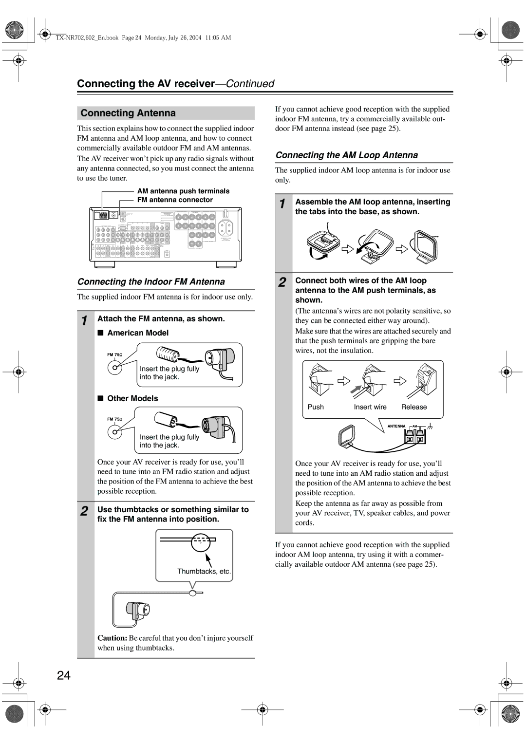 Onkyo TX-SR602/602E Connecting Antenna, Connecting the Indoor FM Antenna, Connecting the AM Loop Antenna, Other Models 