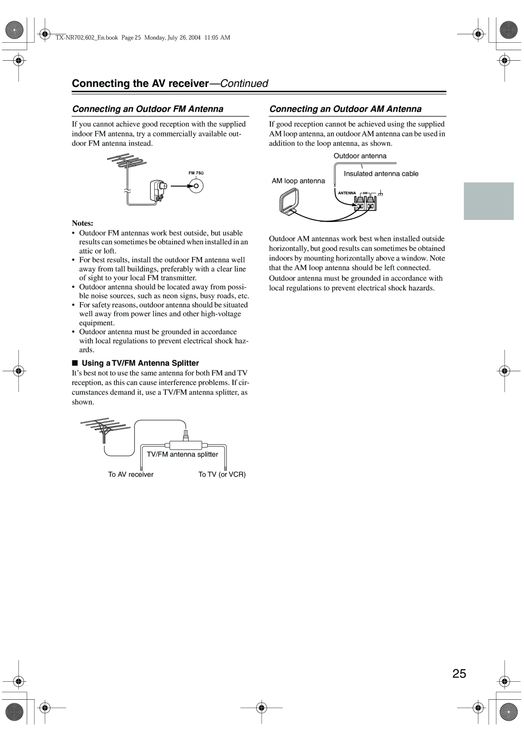 Onkyo TX-SR702/702E Connecting an Outdoor FM Antenna, Connecting an Outdoor AM Antenna, Using a TV/FM Antenna Splitter 