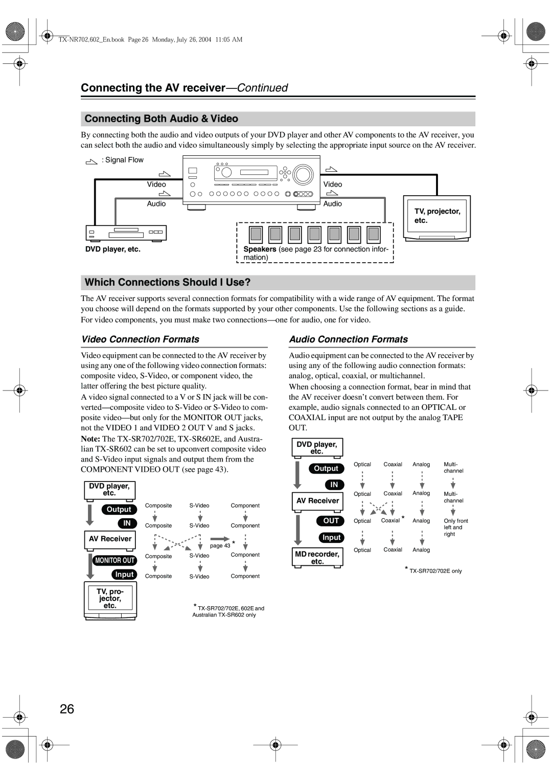 Onkyo TX-SR8260, TX-SR602/602E Connecting Both Audio & Video, Which Connections Should I Use?, Video Connection Formats 