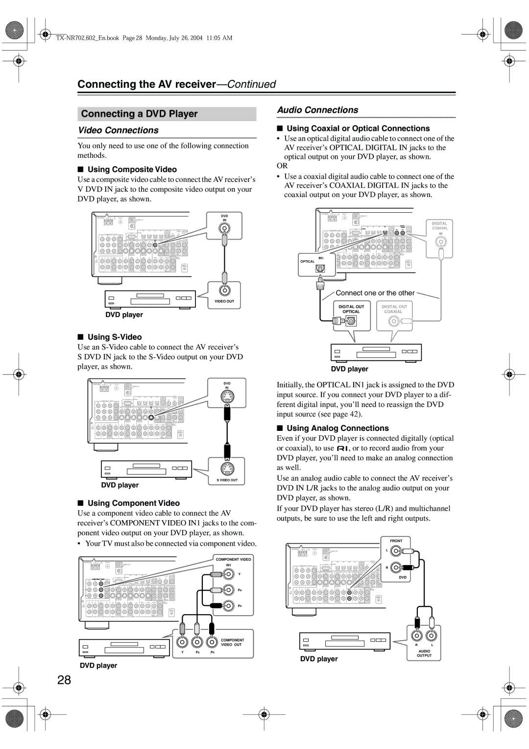 Onkyo TX-SR702/702E Connecting a DVD Player, Video Connections, Your TV must also be connected via component video 