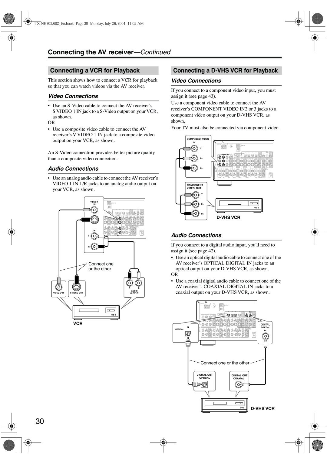 Onkyo TX-SR602/602E, TX-SR702/702E, TX-SR8260 Connecting a VCR for Playback, Connecting a D-VHS VCR for Playback 