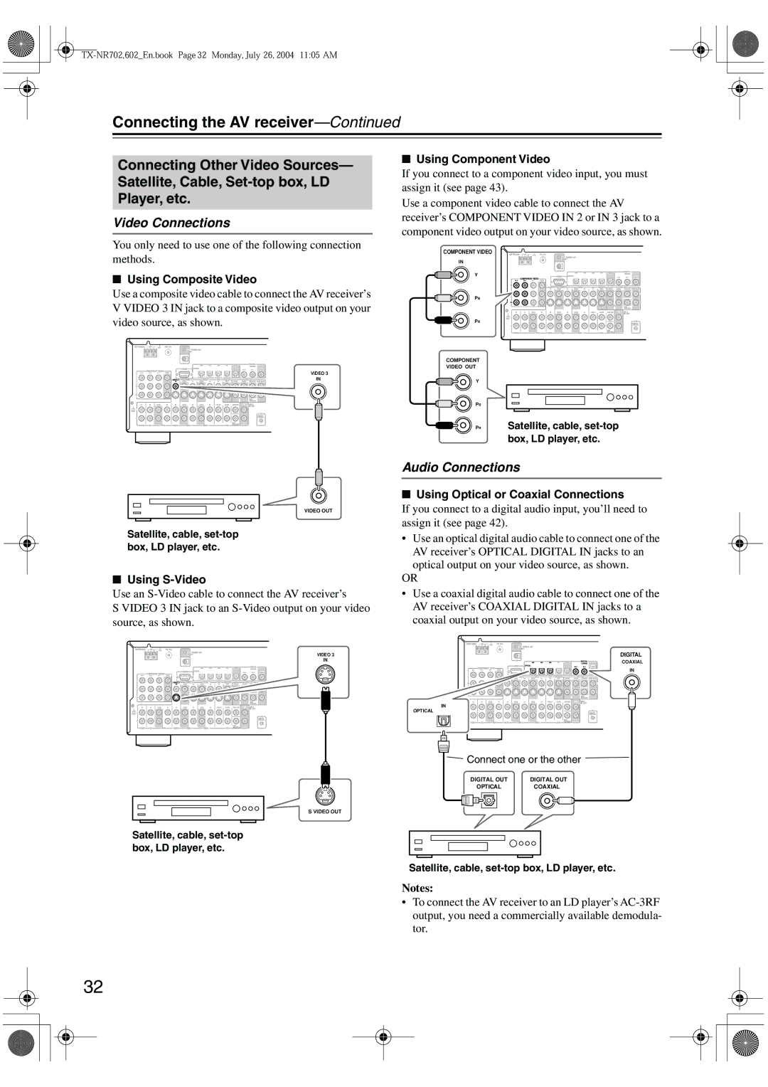 Onkyo TX-SR8260, TX-SR602/602E Using Optical or Coaxial Connections, PRSatellite, cable, set-top box, LD player, etc 