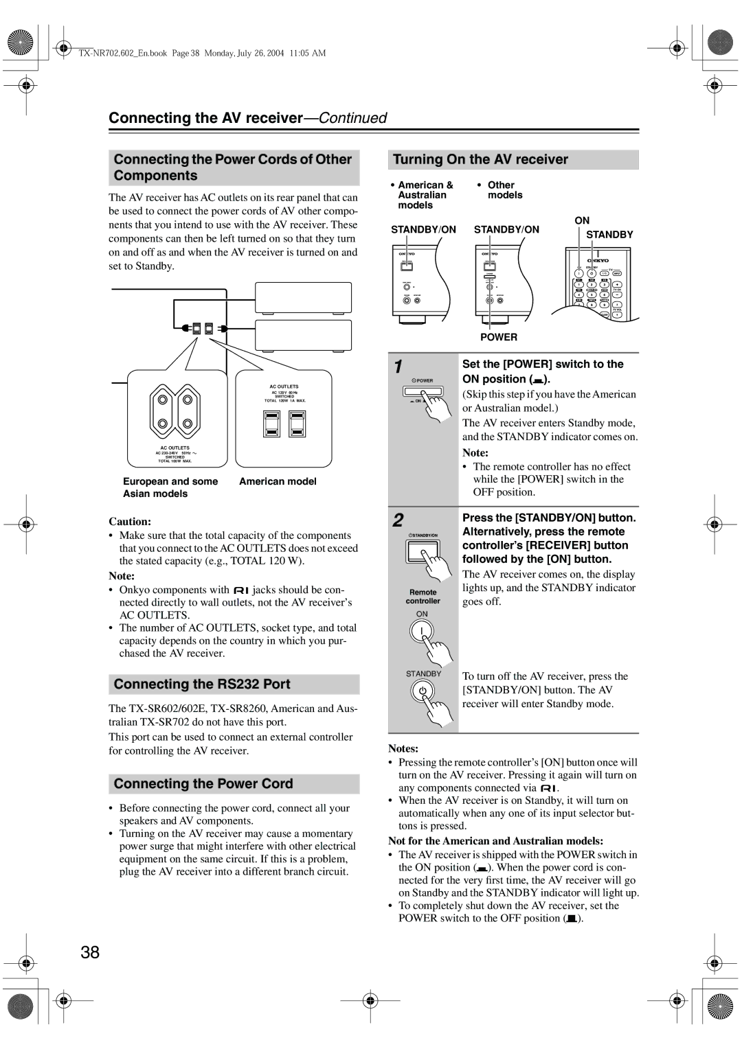 Onkyo TX-SR8260 Connecting the Power Cords of Other Components, Turning On the AV receiver, Connecting the RS232 Port 