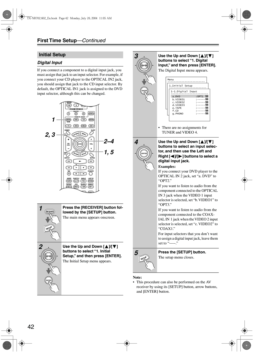 Onkyo TX-SR602/602E, TX-SR702/702E, TX-SR8260 instruction manual Initial Setup, Digital Input 