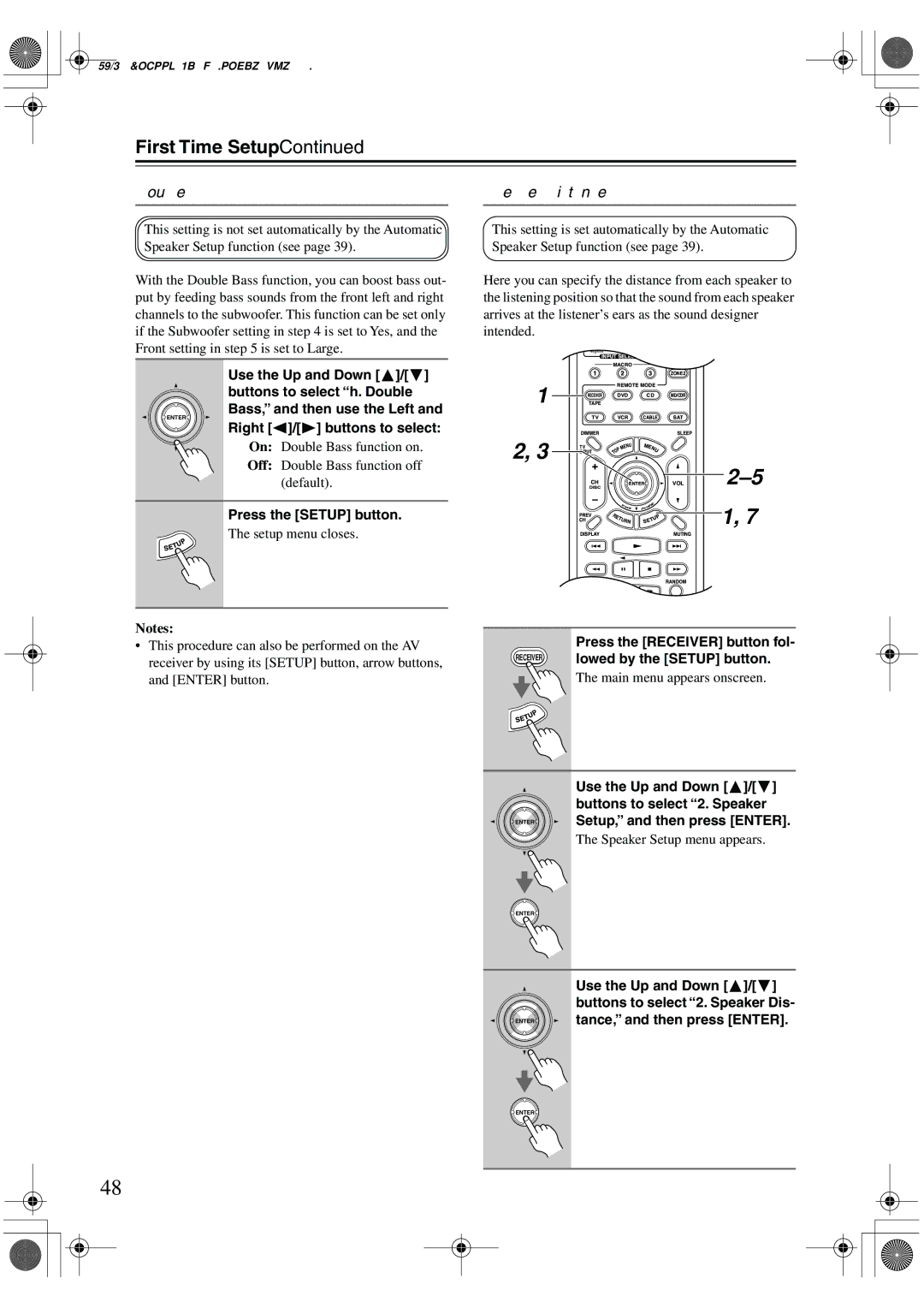 Onkyo TX-SR602/602E Double Bass, Speaker Distance, Default, Speaker Setup menu appears, Tance, and then press Enter 