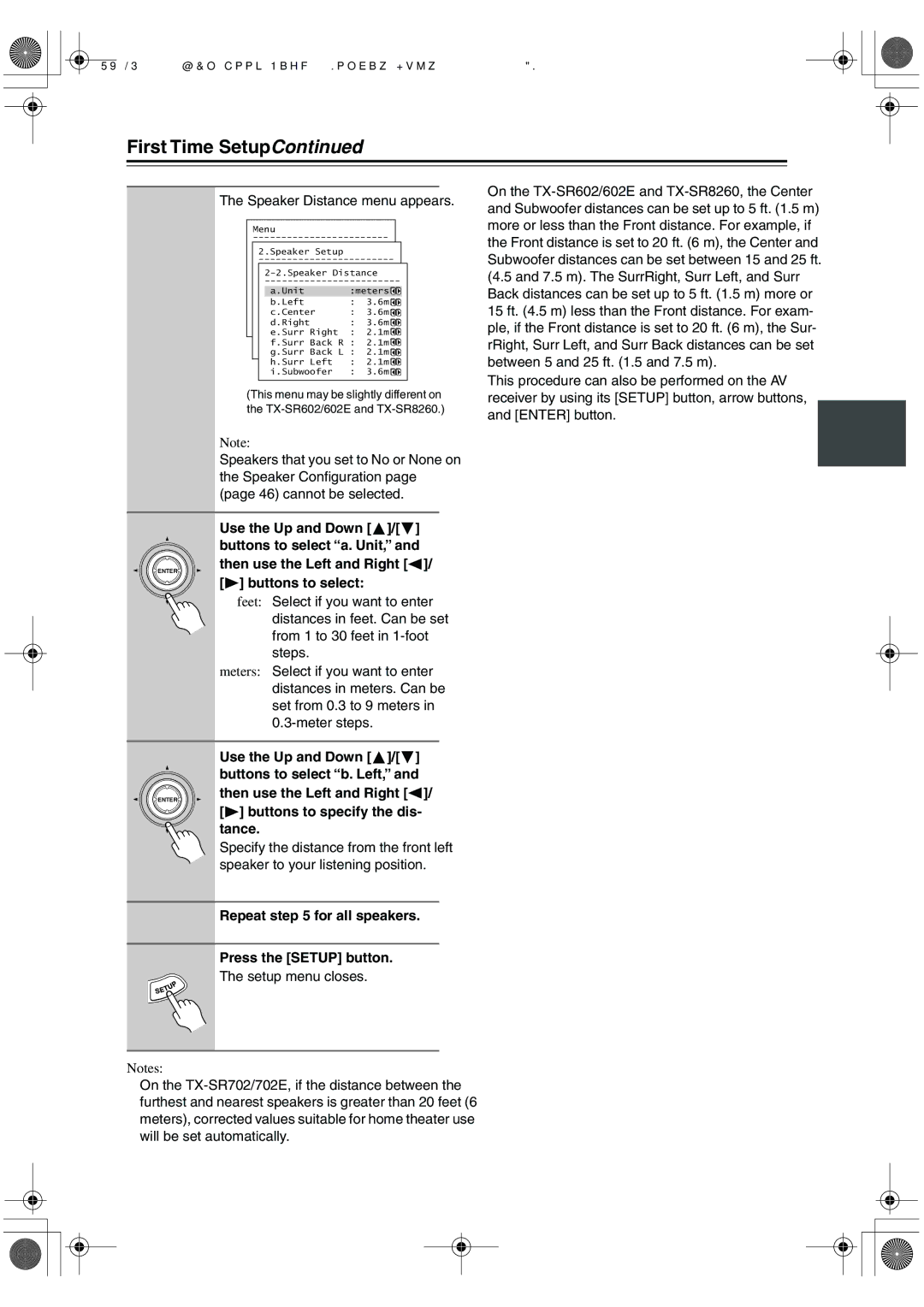 Onkyo TX-SR702/702E, TX-SR8260 Speaker Distance menu appears, Buttons to specify the dis- tance, Repeat for all speakers 