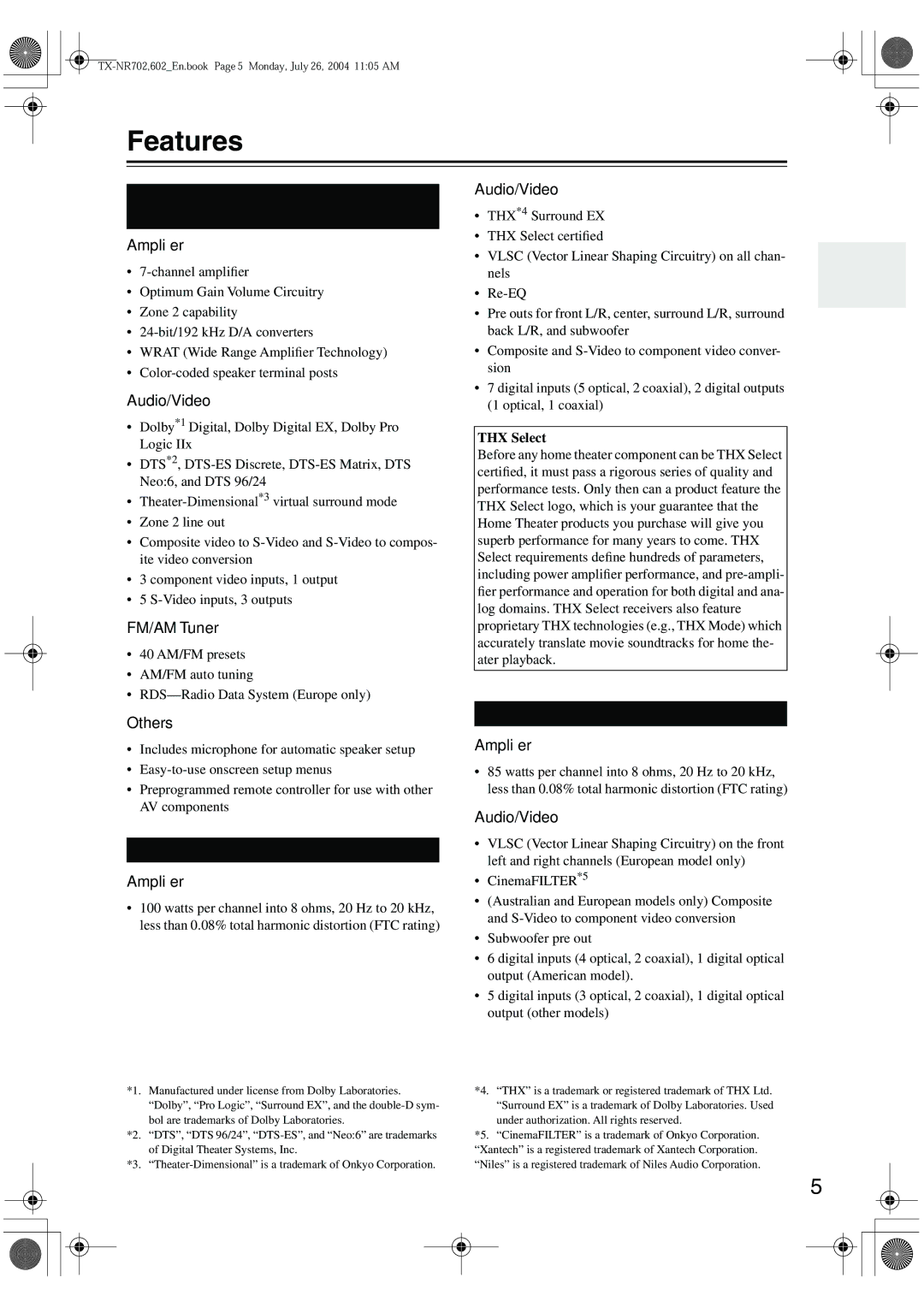 Onkyo instruction manual Features, TX-SR702/702E, TX-SR602/602E, TX-SR8260 