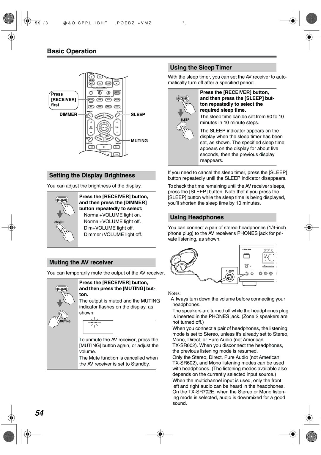 Onkyo TX-SR602/602E, TX-SR8260 Basic Operation, Using the Sleep Timer, Setting the Display Brightness, Using Headphones 