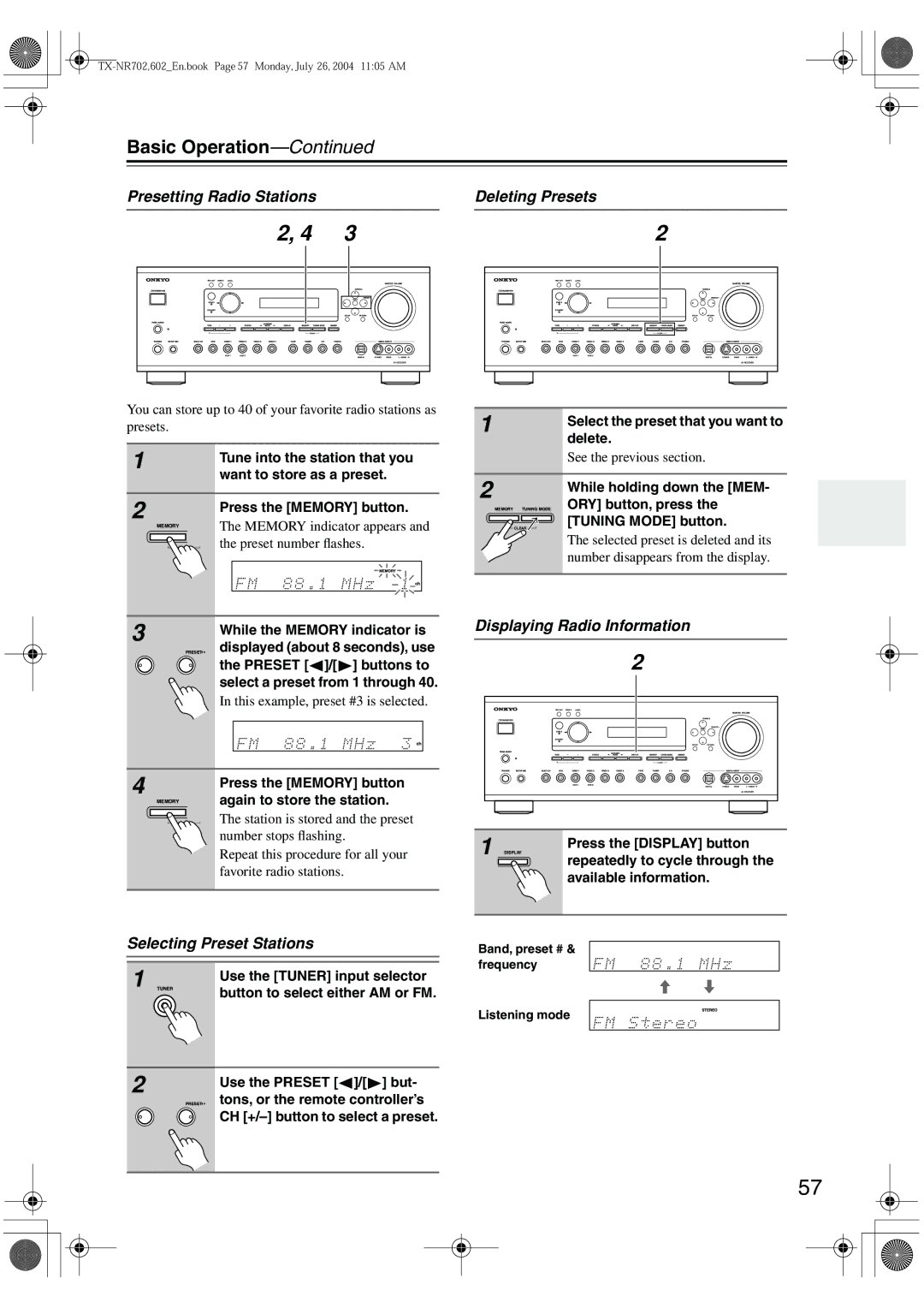 Onkyo TX-SR602/602E Presetting Radio Stations Deleting Presets, Selecting Preset Stations, Displaying Radio Information 