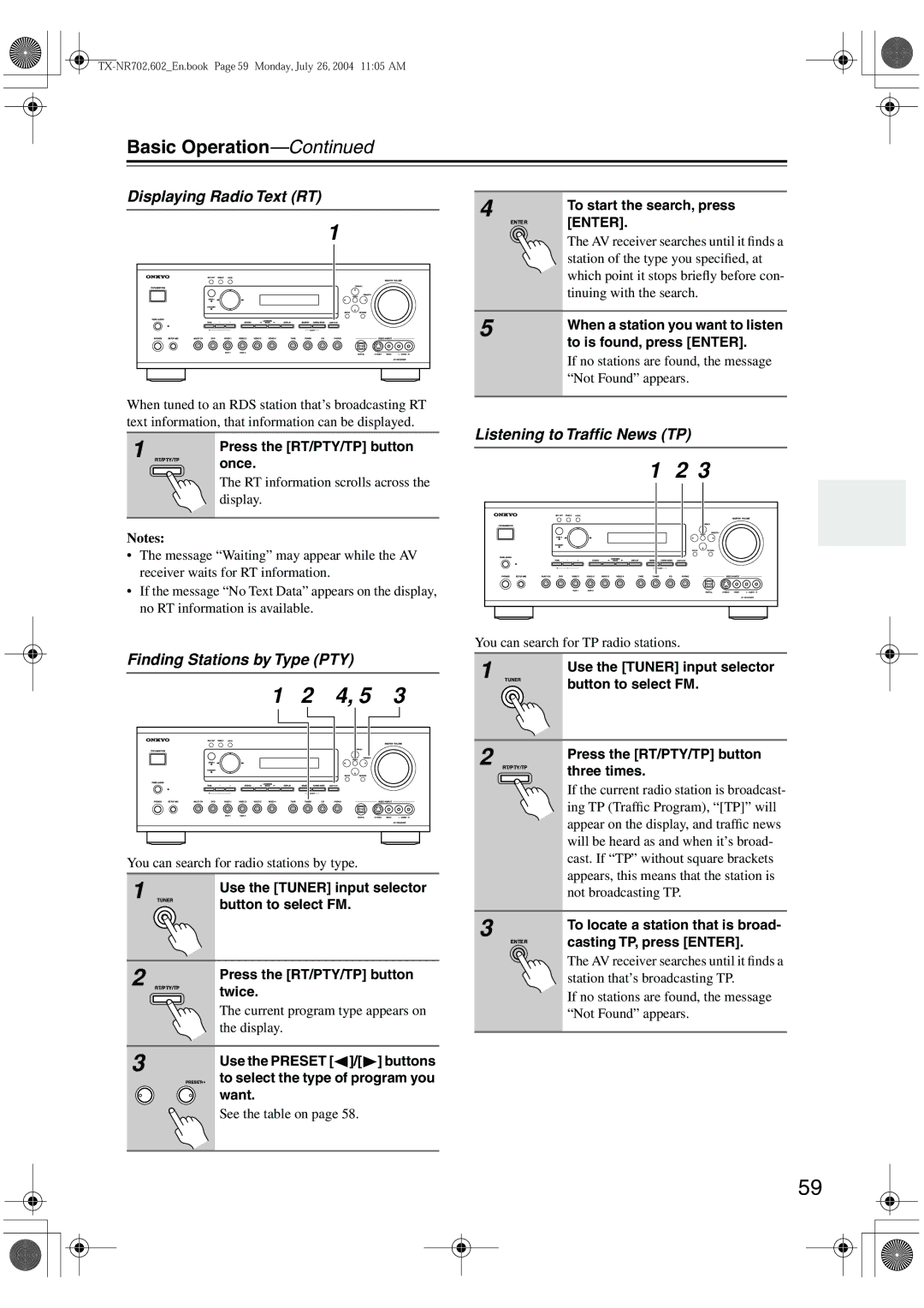 Onkyo TX-SR8260, TX-SR602/602E Displaying Radio Text RT, Listening to Trafﬁc News TP, Finding Stations by Type PTY 