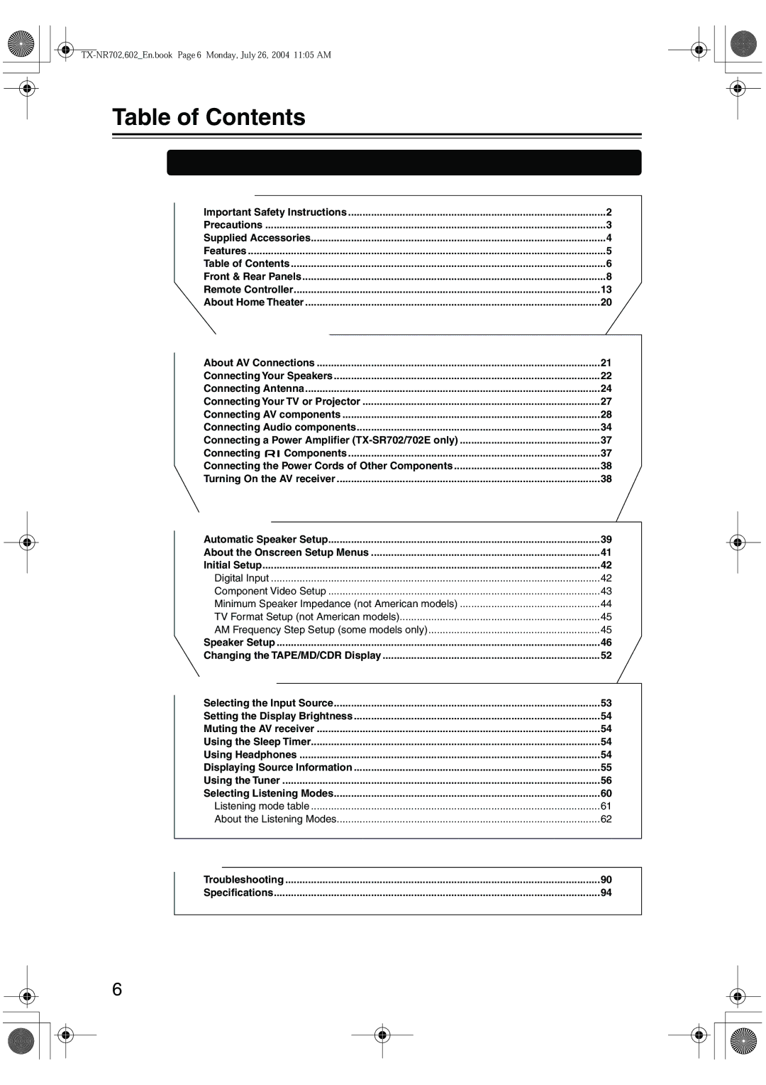 Onkyo TX-SR602/602E, TX-SR702/702E, TX-SR8260 instruction manual Table of Contents 