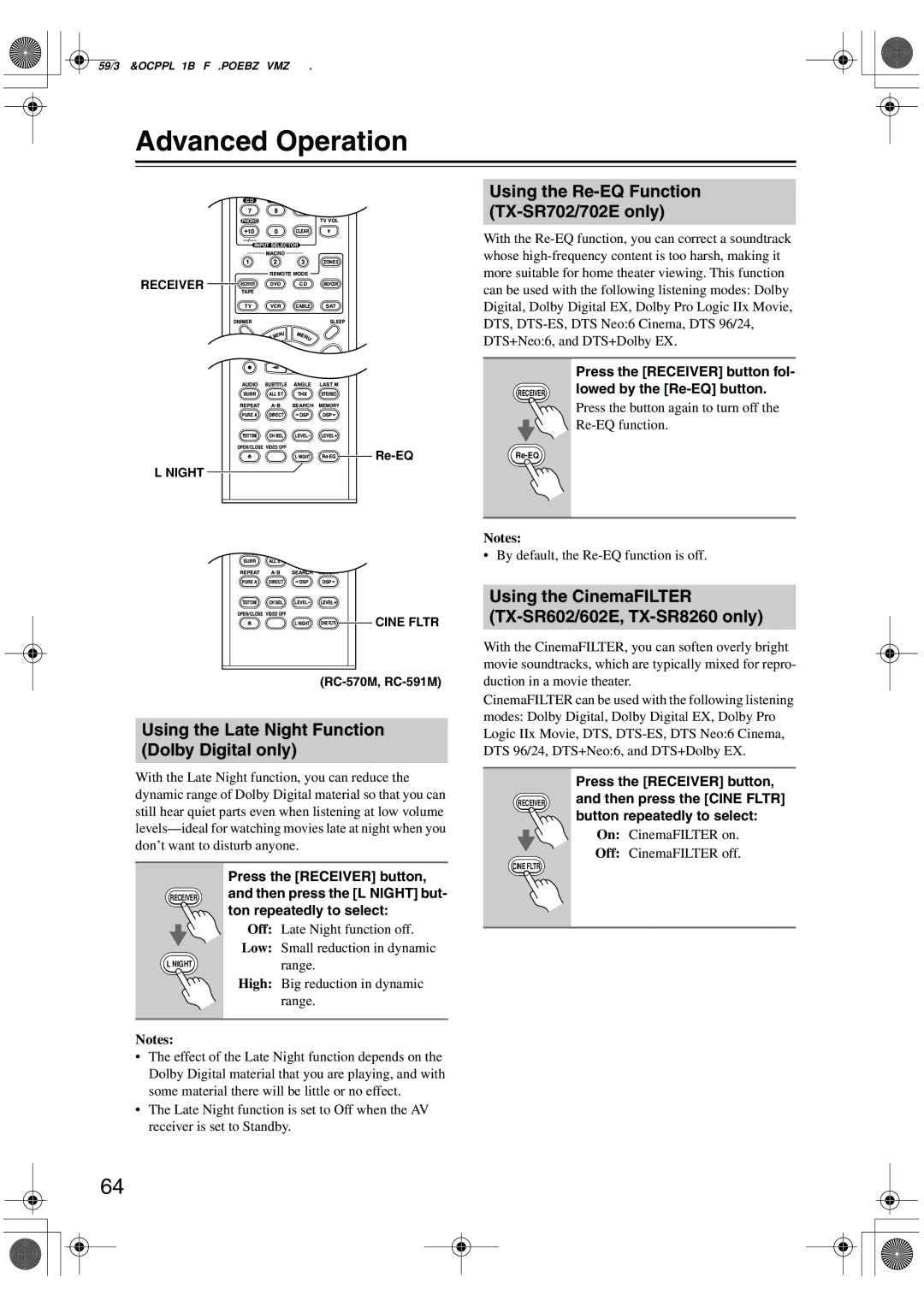 Onkyo TX-SR602/602E, TX-SR8260 instruction manual Advanced Operation, Using the Re-EQ Function, TX-SR702/702E only 