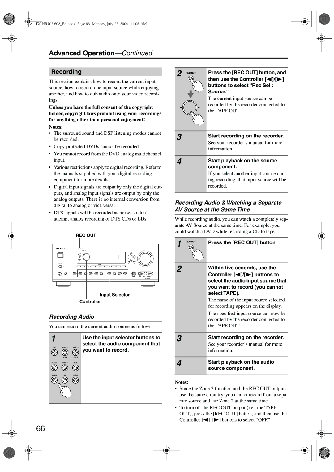 Onkyo TX-SR602/602E, TX-SR702/702E, TX-SR8260 instruction manual Recording Audio 