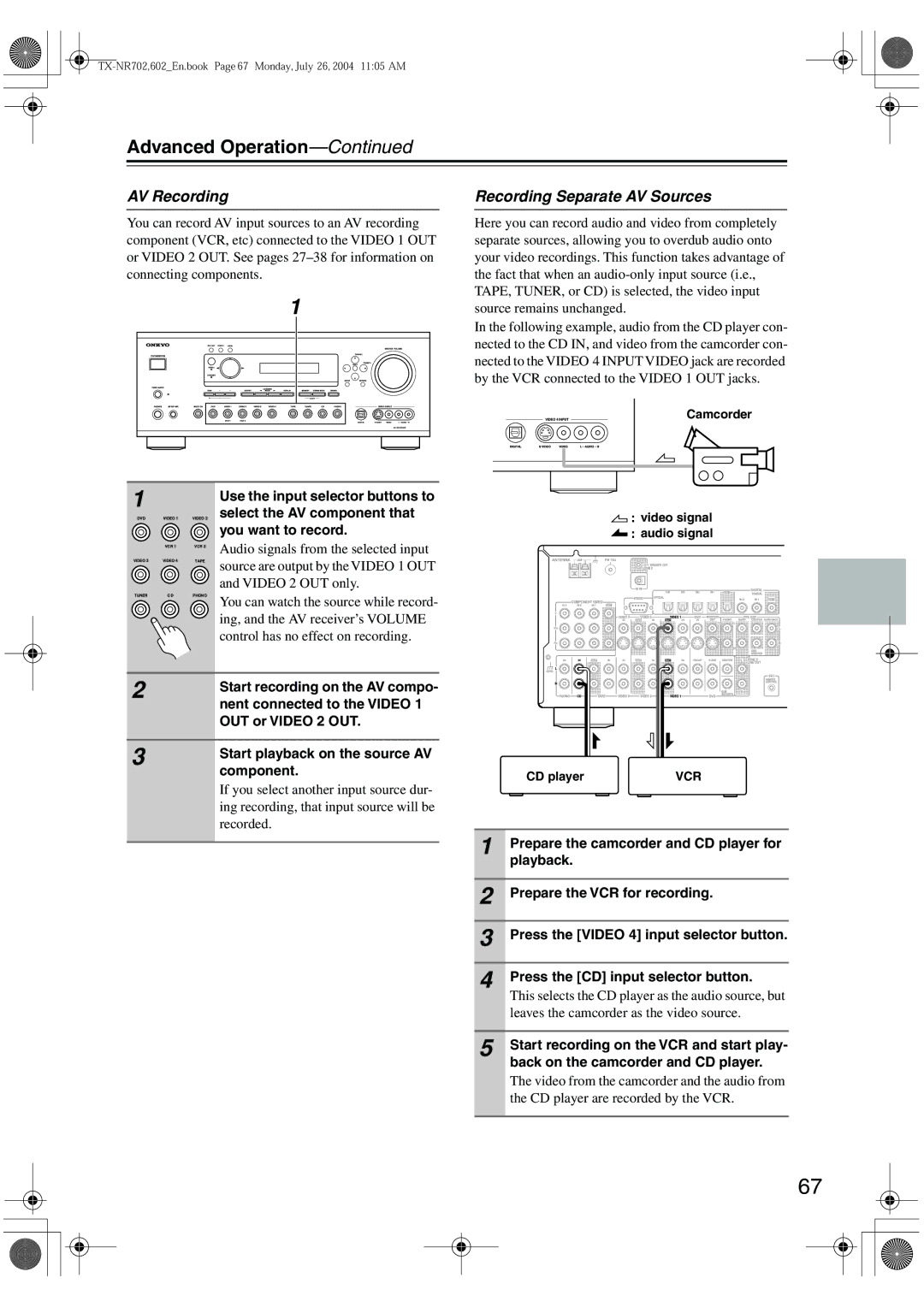 Onkyo TX-SR702/702E, TX-SR602/602E, TX-SR8260 instruction manual AV Recording, Recording Separate AV Sources 